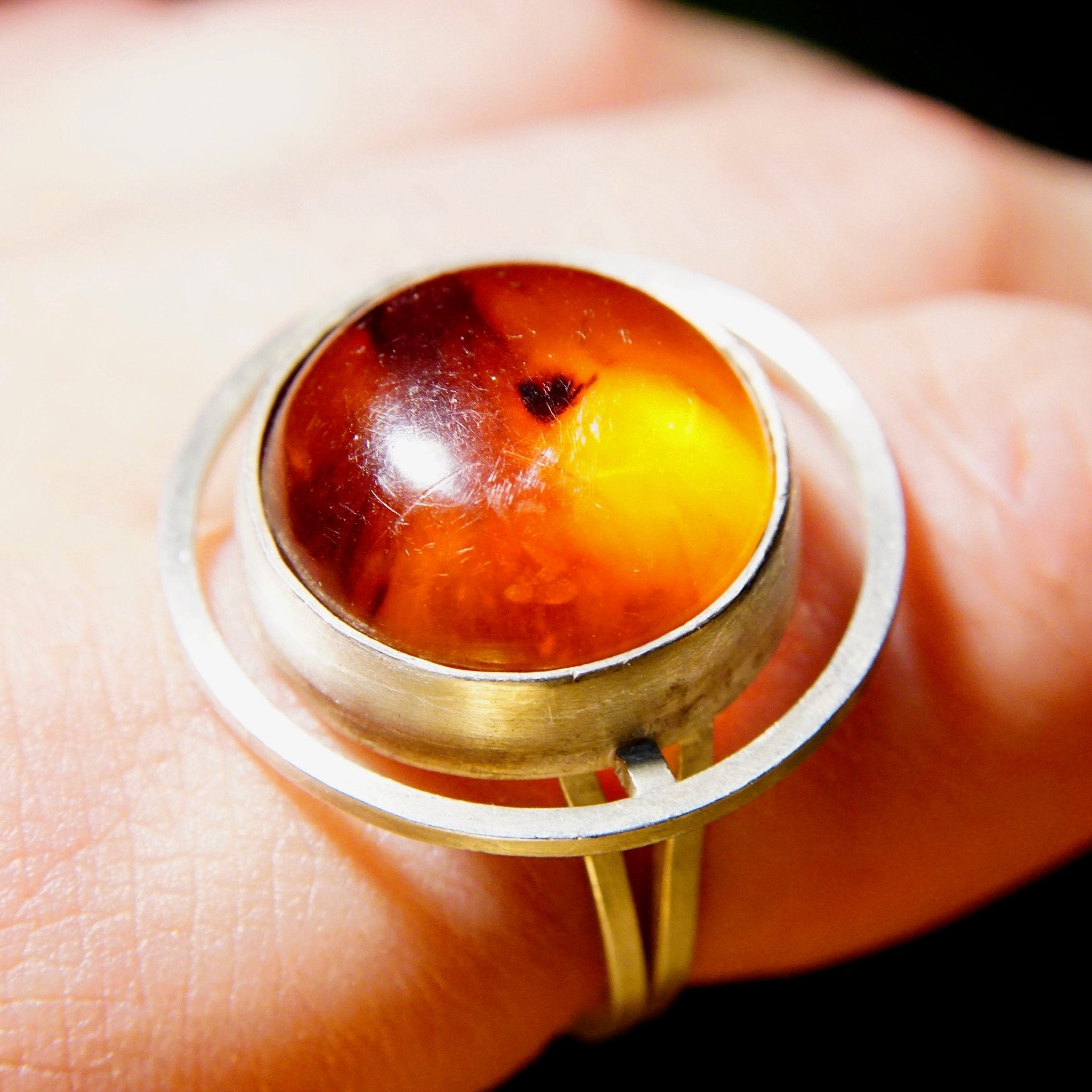 Vintage Modernist Sterling Silver Amber Halo Ring, Double Wire Band, One Of One Custom Made Ring, Experimental Jewelry, Size 9 3/4 US