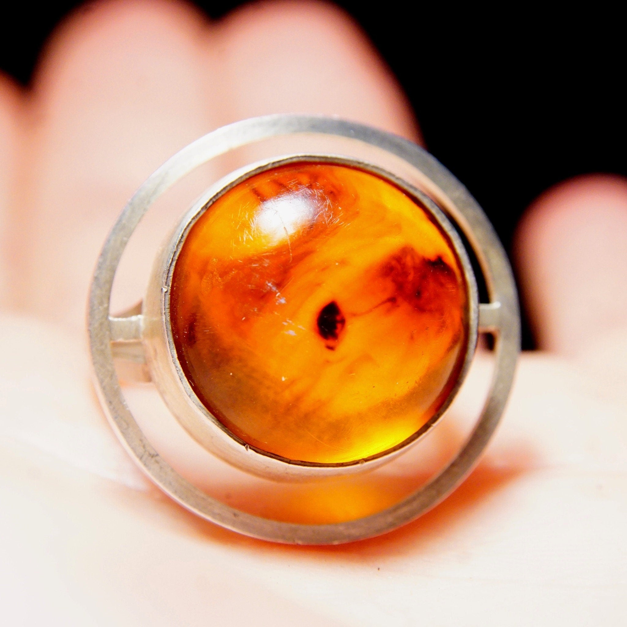 Vintage Modernist Sterling Silver Amber Halo Ring, Double Wire Band, One Of One Custom Made Ring, Experimental Jewelry, Size 9 3/4 US