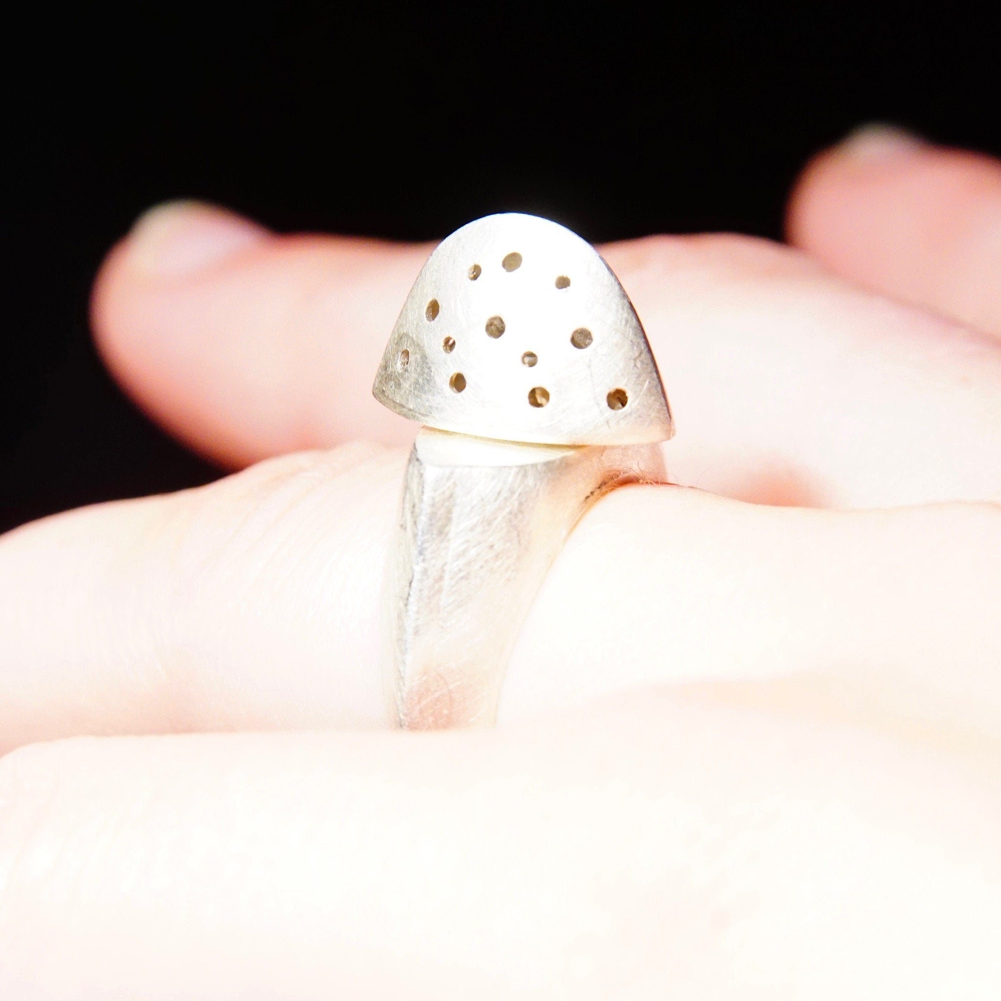 Vintage Experimental Modernist Sterling Silver Pierced Dome Ring, Two-Piece Movable Ring With Screwable Cap, One Of One, Size 7 3/4 US