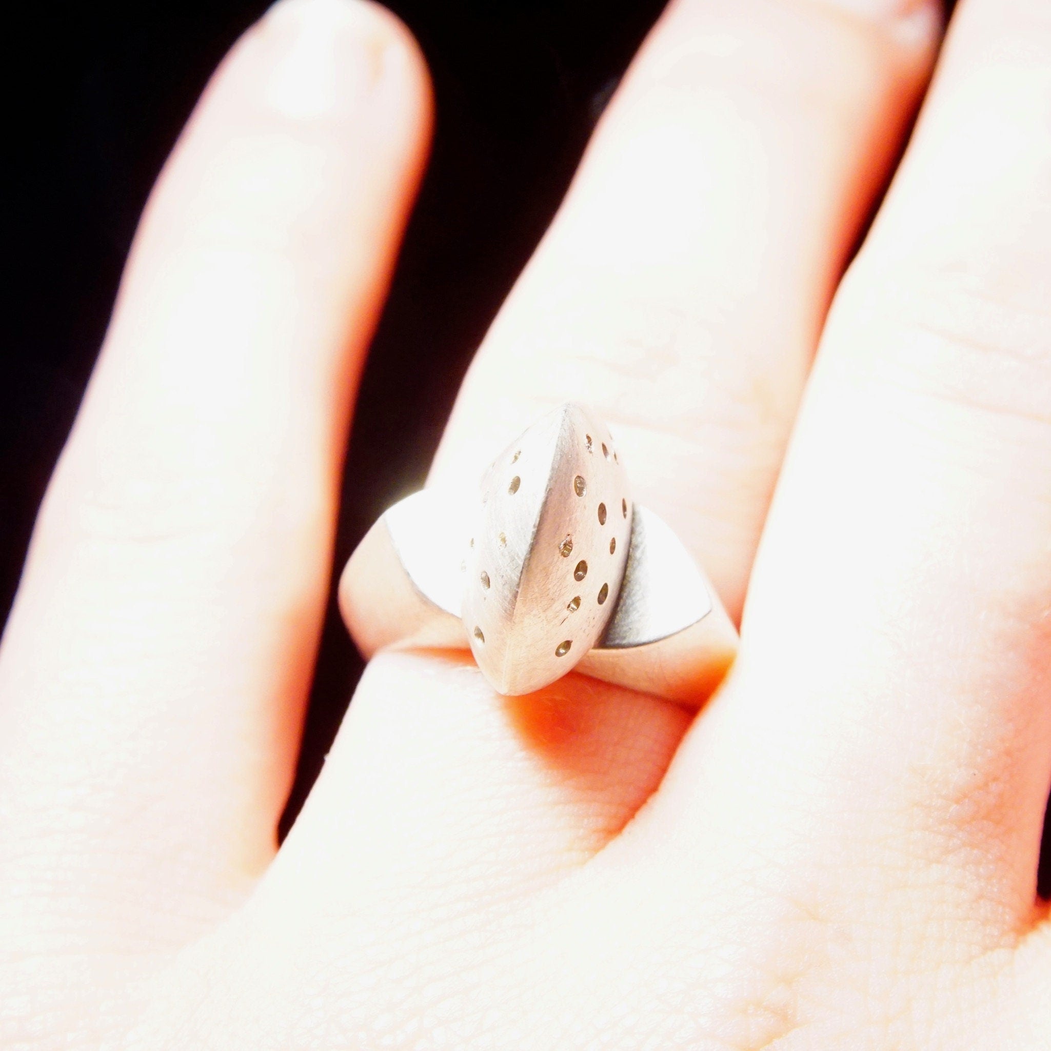 Vintage Experimental Modernist Sterling Silver Pierced Dome Ring, Two-Piece Movable Ring With Screwable Cap, One Of One, Size 7 3/4 US