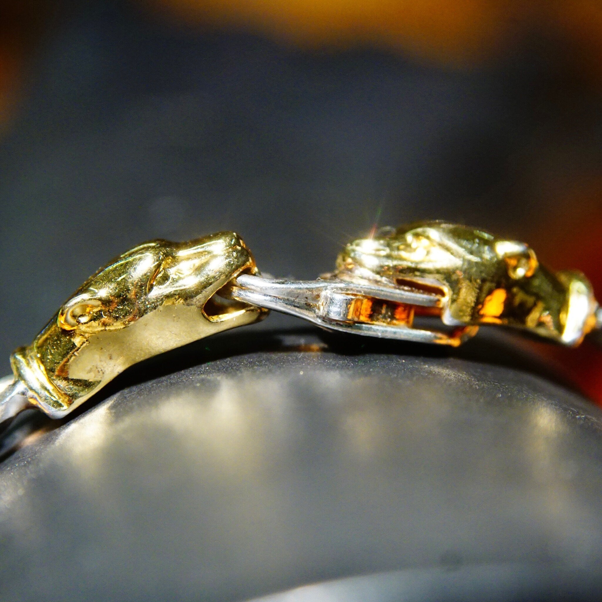 Vintage Italian Sterling Silver Gold Panther Figaro Chain Bracelet, 7mm Heavy Silver Chain, Accent Gold Panther Clasp, 8 1/4" L
