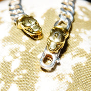 Vintage Italian Sterling Silver Gold Panther Figaro Chain Bracelet, 7mm Heavy Silver Chain, Accent Gold Panther Clasp, 8 1/4" L
