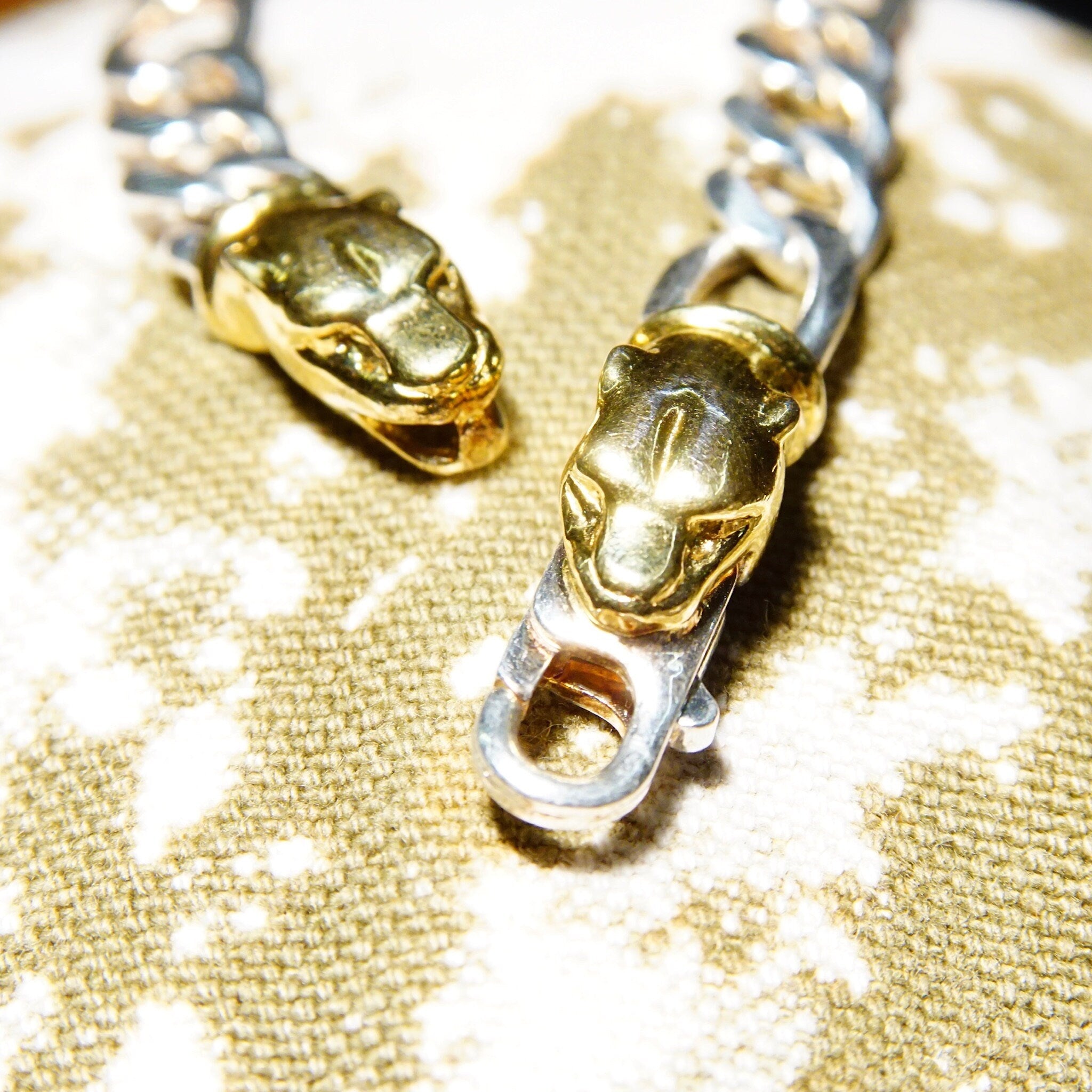 Vintage Italian Sterling Silver Gold Panther Figaro Chain Bracelet, 7mm Heavy Silver Chain, Accent Gold Panther Clasp, 8 1/4" L