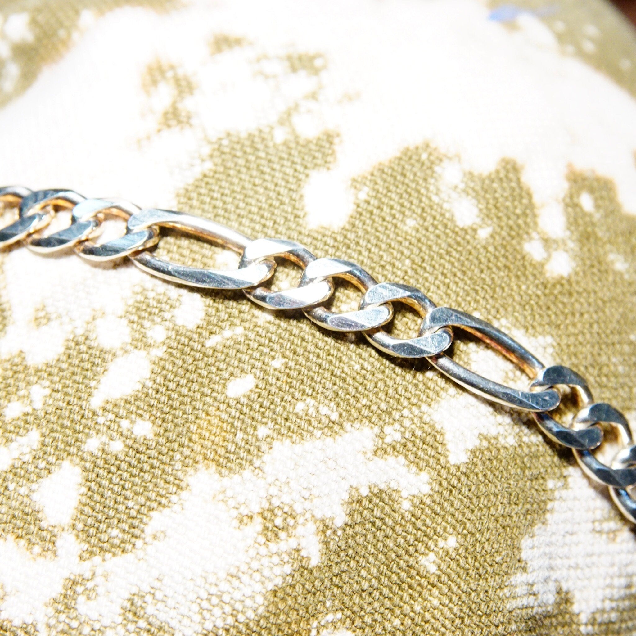 Vintage Italian Sterling Silver Gold Panther Figaro Chain Bracelet, 7mm Heavy Silver Chain, Accent Gold Panther Clasp, 8 1/4" L