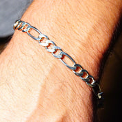 Vintage Italian Sterling Silver Gold Panther Figaro Chain Bracelet, 7mm Heavy Silver Chain, Accent Gold Panther Clasp, 8 1/4" L