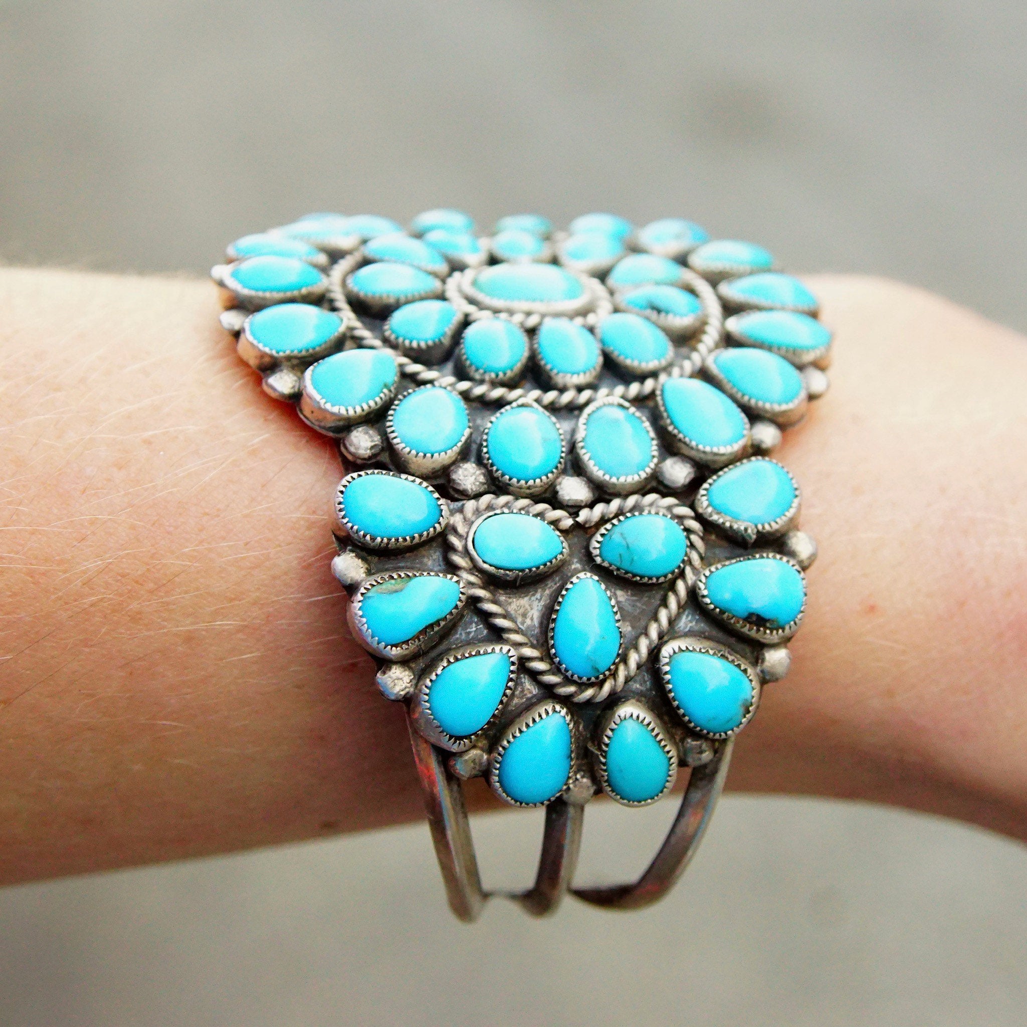 Vintage Navajo Signed JM Begay Silver Turquoise Cuff Bracelet, Chunky 52 Stone Turquoise Cluster Cuff, Native American Jewlery, 5 1/4" L