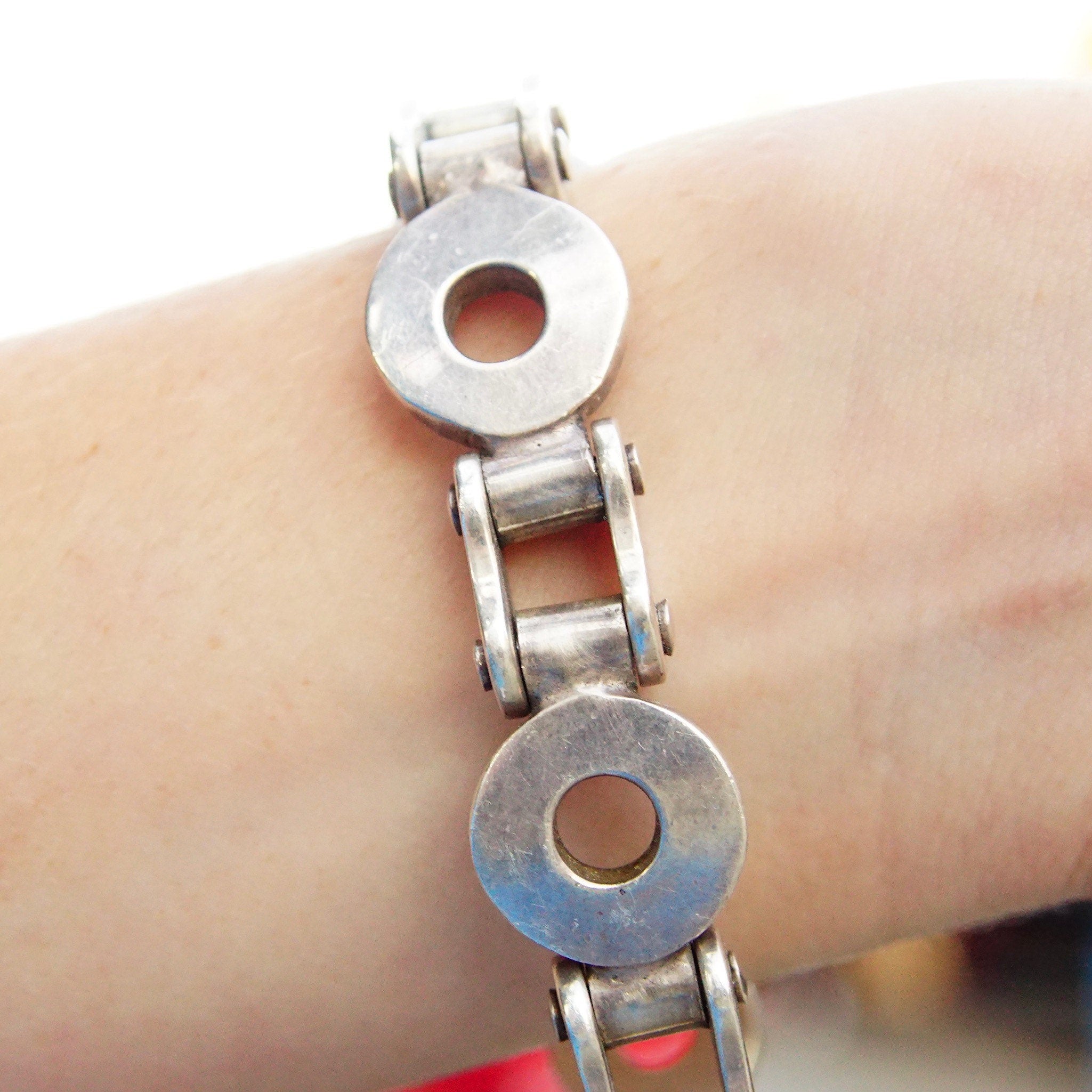 Vintage TAXCO Sterling Silver Biker Chain Link Bracelet, Heavy Silver Chain Bracelet With Alternating Circular Links, Toggle Clasp, 9 1/2" L