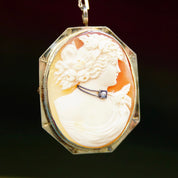 Vintage 14K White Gold & Diamond Cameo Brooch/Pendant, Large Classic Relief Cameo Of Woman With Diamond Choker In Octagonal Frame, 1 7/8" L