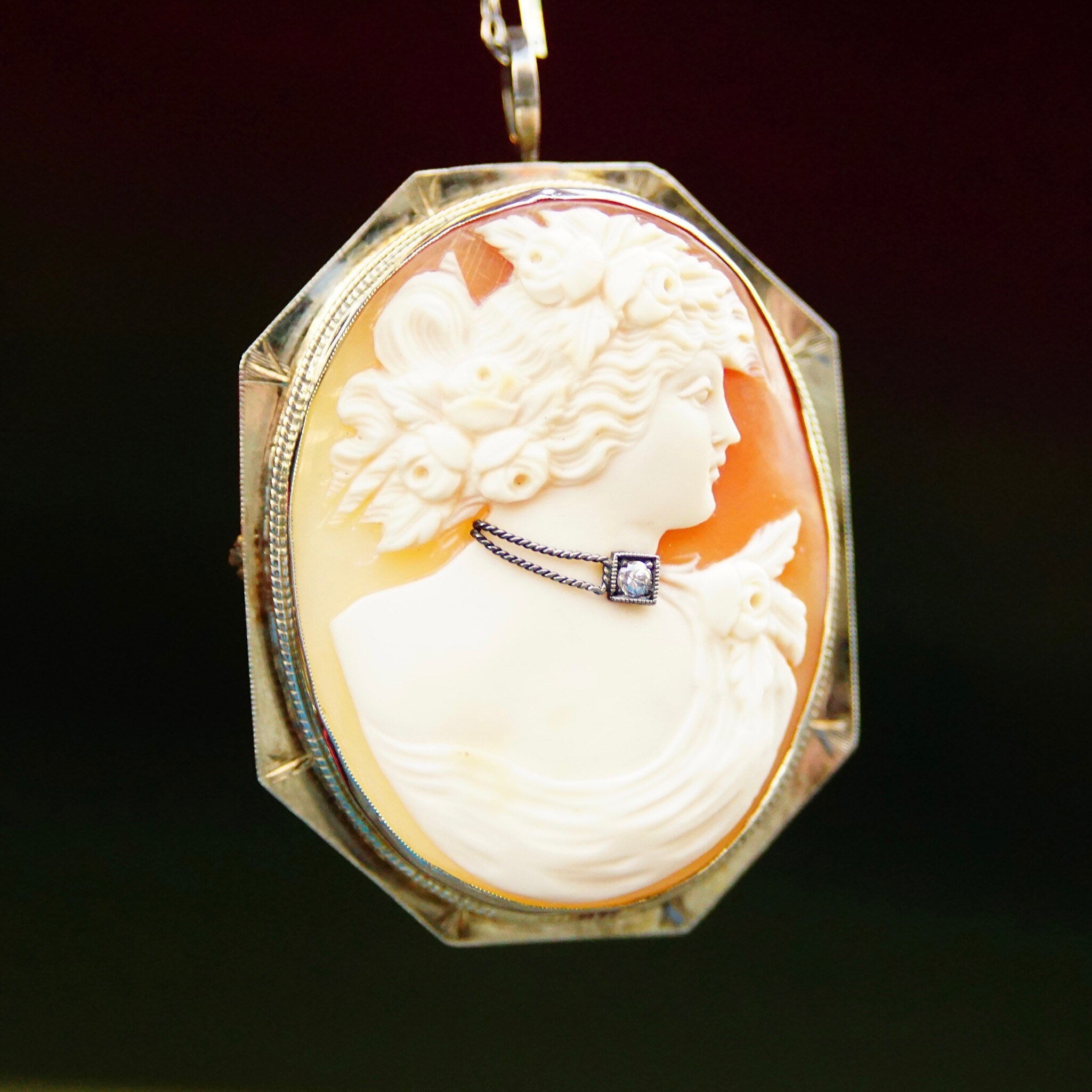 Vintage 14K White Gold & Diamond Cameo Brooch/Pendant, Large Classic Relief Cameo Of Woman With Diamond Choker In Octagonal Frame, 1 7/8" L