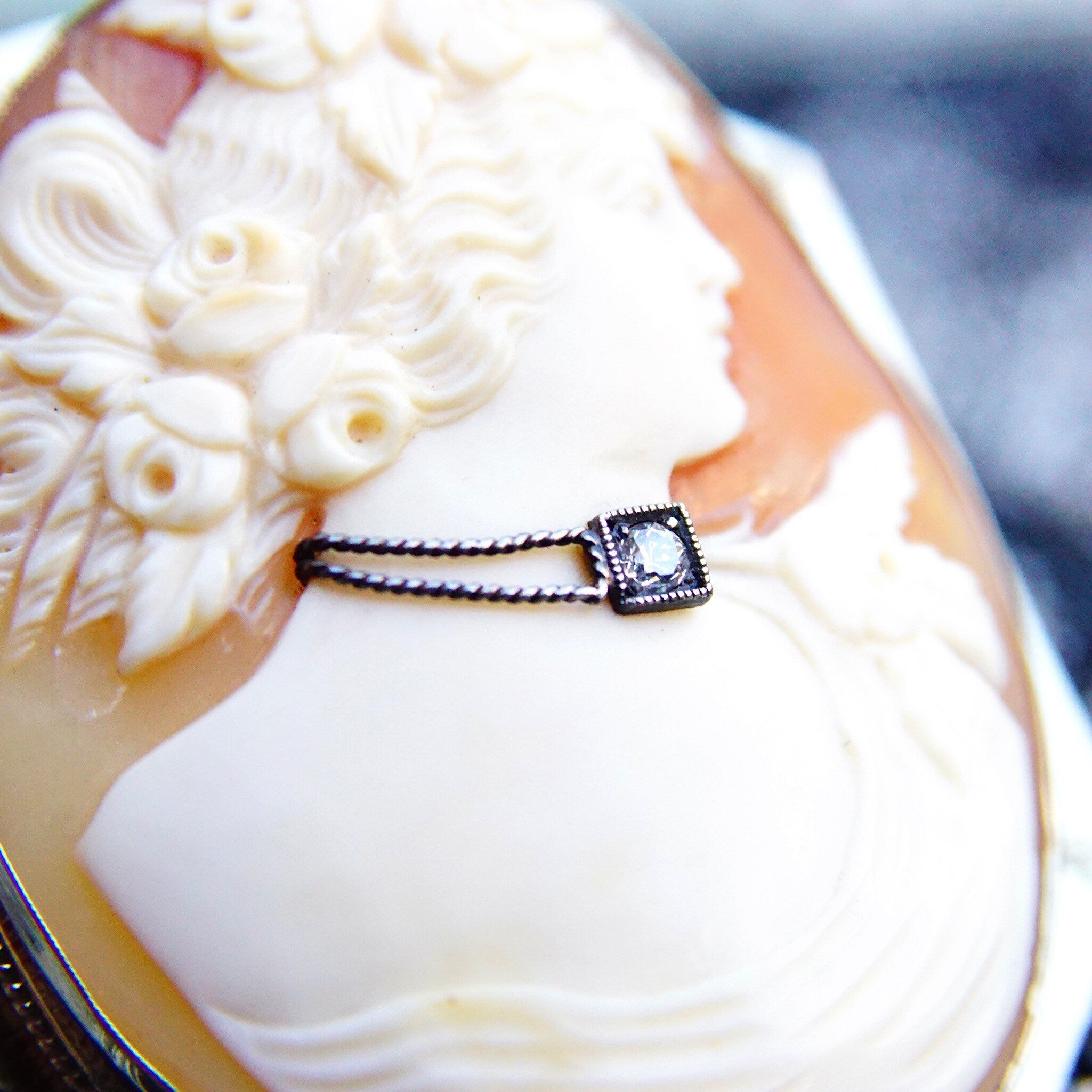 Vintage 14K White Gold & Diamond Cameo Brooch/Pendant, Large Classic Relief Cameo Of Woman With Diamond Choker In Octagonal Frame, 1 7/8" L