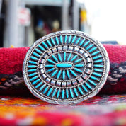 Vintage Native American Zuni Needlepoint Turquoise Belt Buckle, Large Sterling Turquoise Cluster Belt Buckle, Hand Stamped CJ Hallmark, 3" W