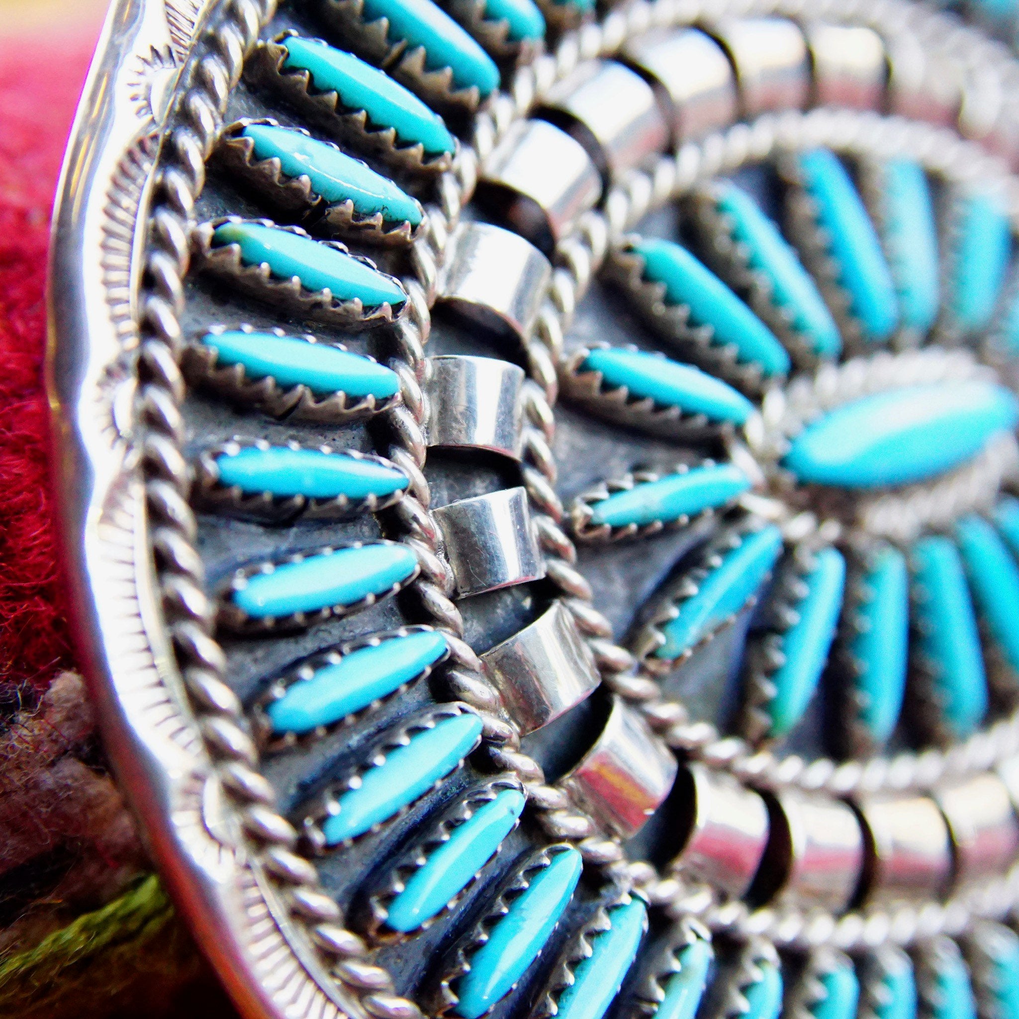 Vintage Native American Zuni Needlepoint Turquoise Belt Buckle, Large Sterling Turquoise Cluster Belt Buckle, Hand Stamped CJ Hallmark, 3" W