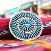 Vintage Native American Zuni Needlepoint Turquoise Belt Buckle, Large Sterling Turquoise Cluster Belt Buckle, Hand Stamped CJ Hallmark, 3" W