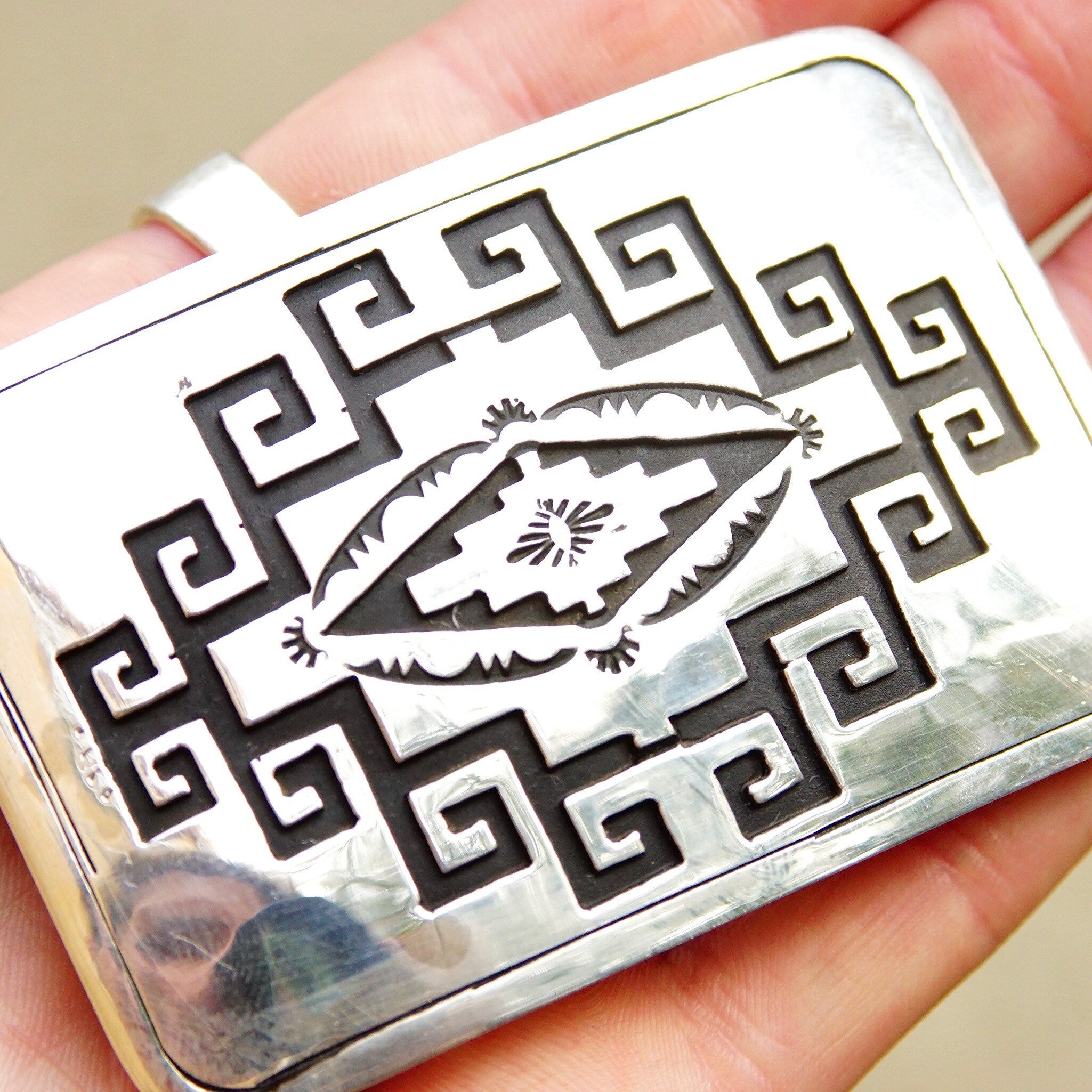Vintage Native American Sterling Silver Belt Buckle, Ornate Engraved Geometric Designs, Oxidized Silver Design, Rectangular Buckle, 3" W