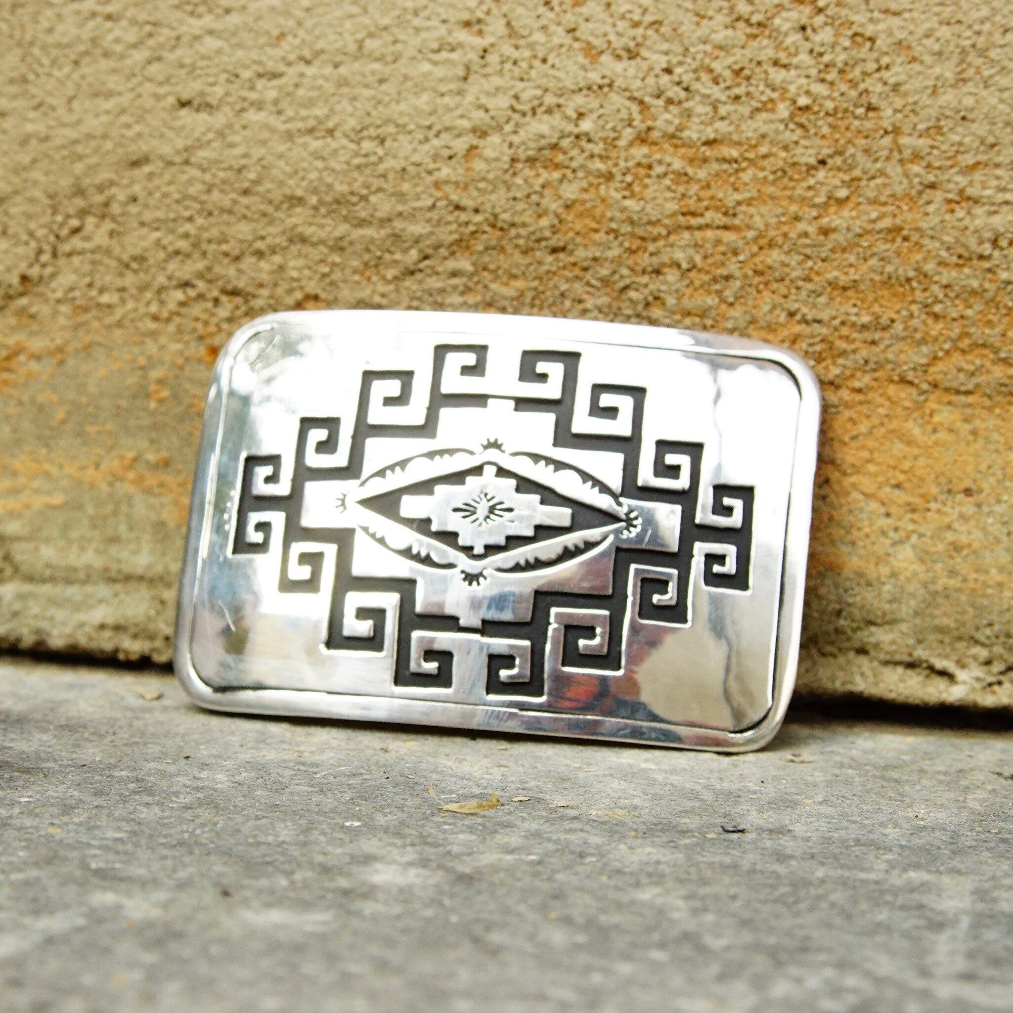 Vintage Native American Sterling Silver Belt Buckle, Ornate Engraved Geometric Designs, Oxidized Silver Design, Rectangular Buckle, 3" W