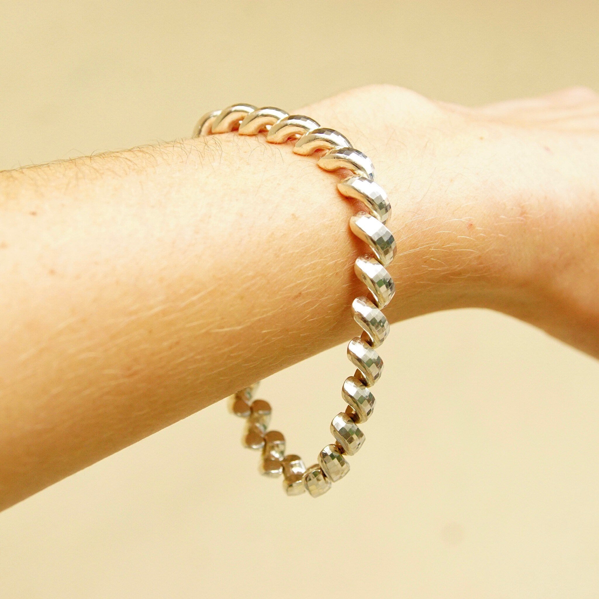 Vintage Italian Sterling Silver Crescent Link Chain Bracelet, Diamond Cut Design, Flashy Silver Bracelet, 8 1/4 L