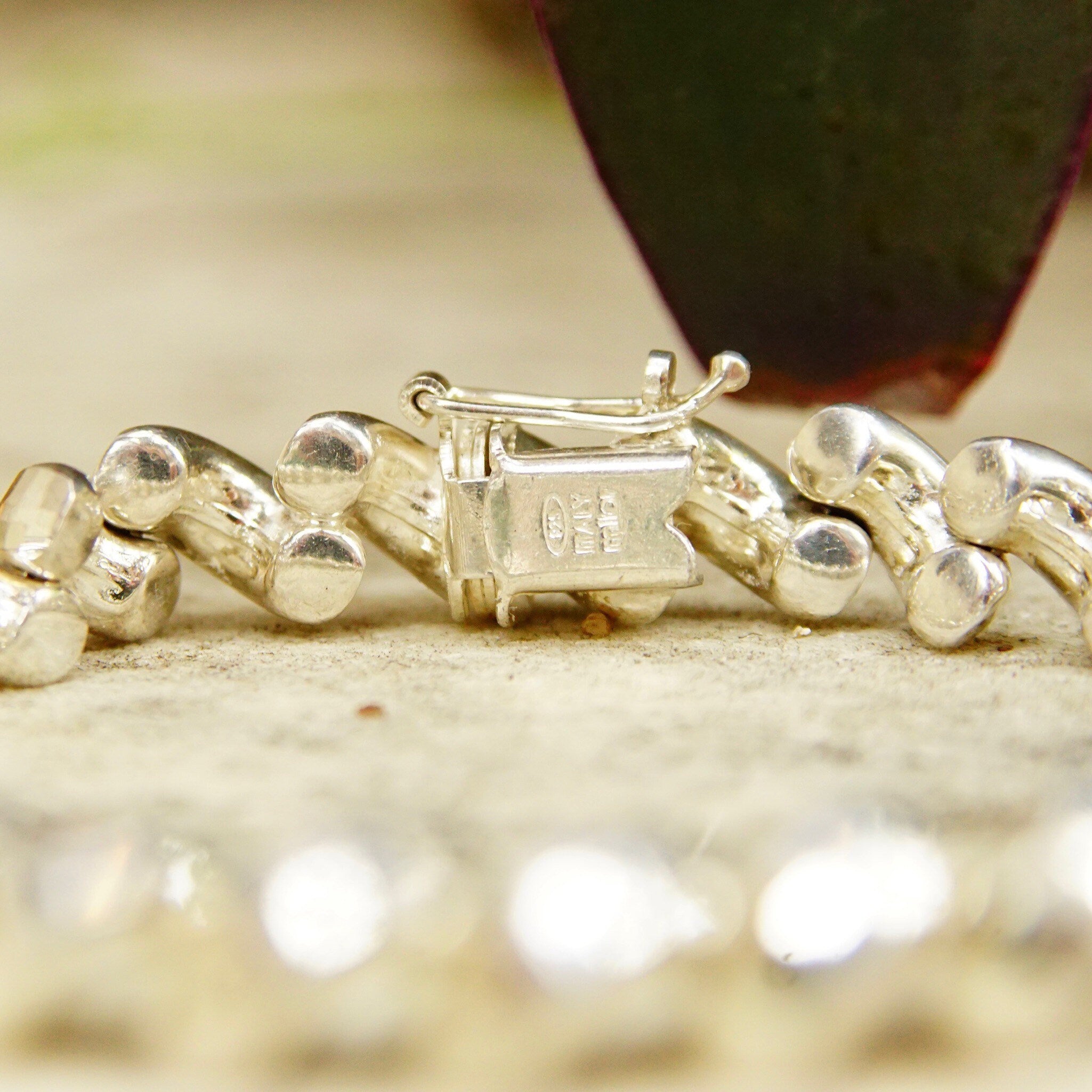 Vintage Italian Sterling Silver Crescent Link Chain Bracelet, Diamond Cut Design, Flashy Silver Bracelet, 8 1/4 L
