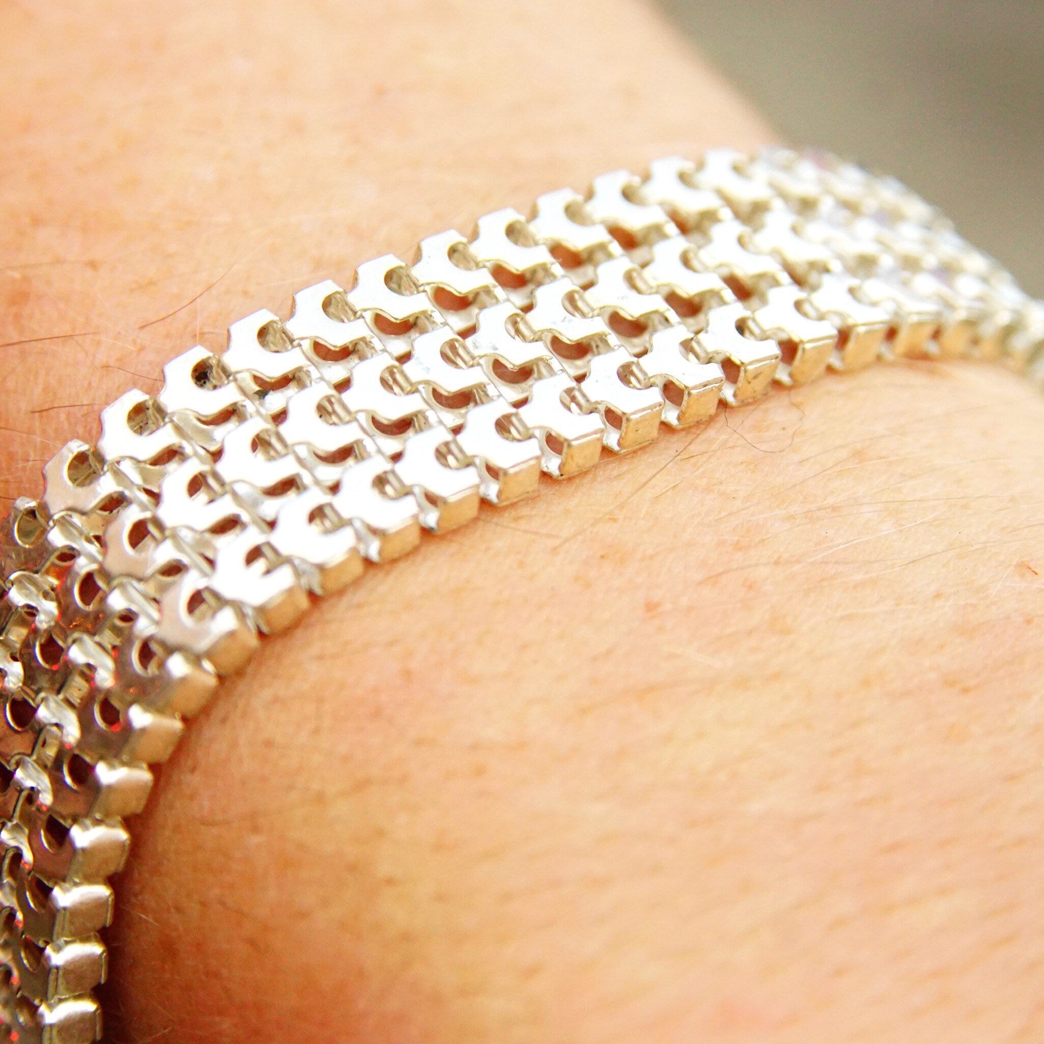 Vintage Sterling Silver Multi Row Link Bracelet, Thick Chain Mail Bracelet, Articulated Link Bracelet, 7 3/4 L