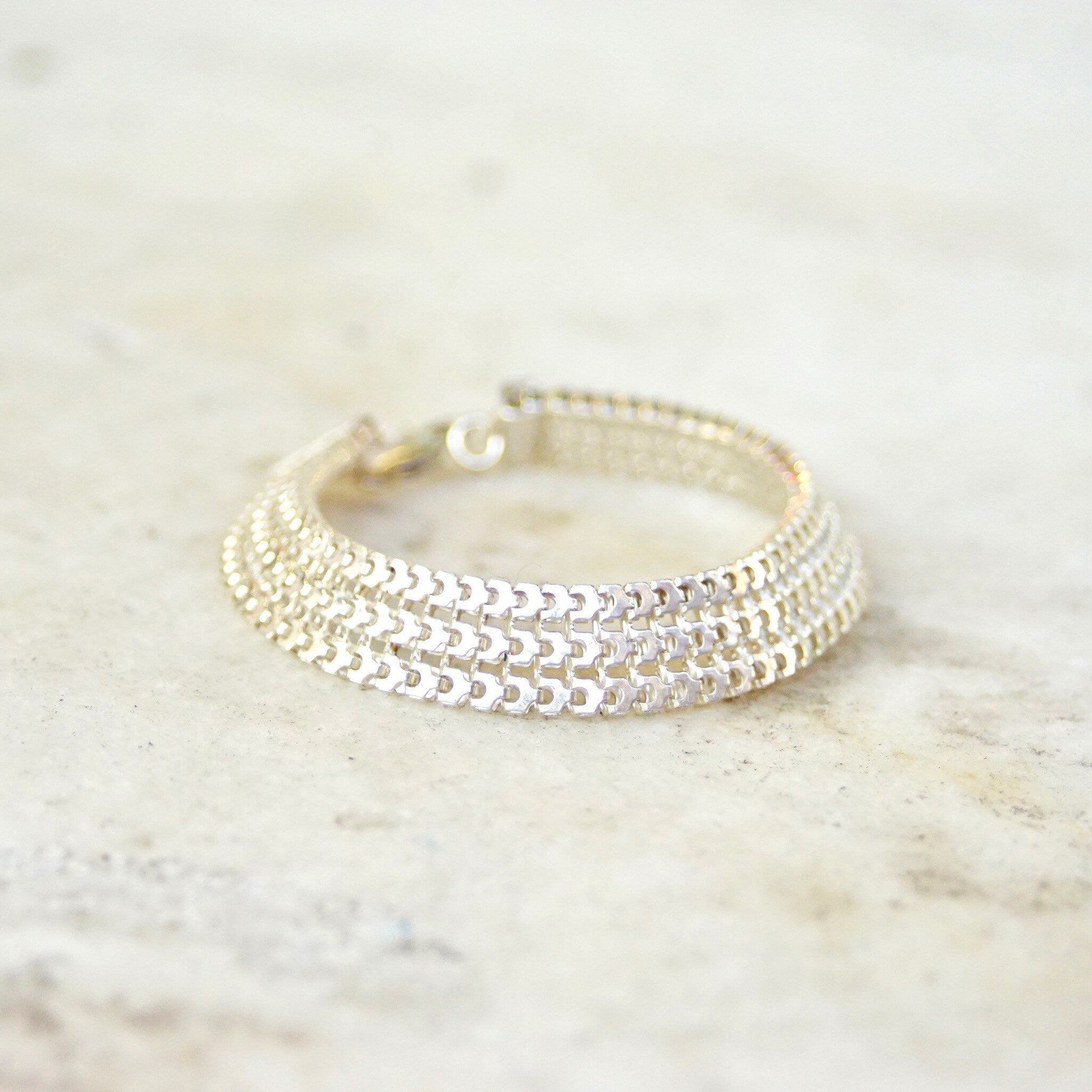 Vintage Sterling Silver Multi Row Link Bracelet, Thick Chain Mail Bracelet, Articulated Link Bracelet, 7 3/4 L