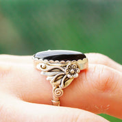 Vintage Hallmarked Navajo Sterling Silver Back Onyx Ring, RMJ Sterling, Floral Motifs, Ornate Silver Setting, Native American, Size 9 US