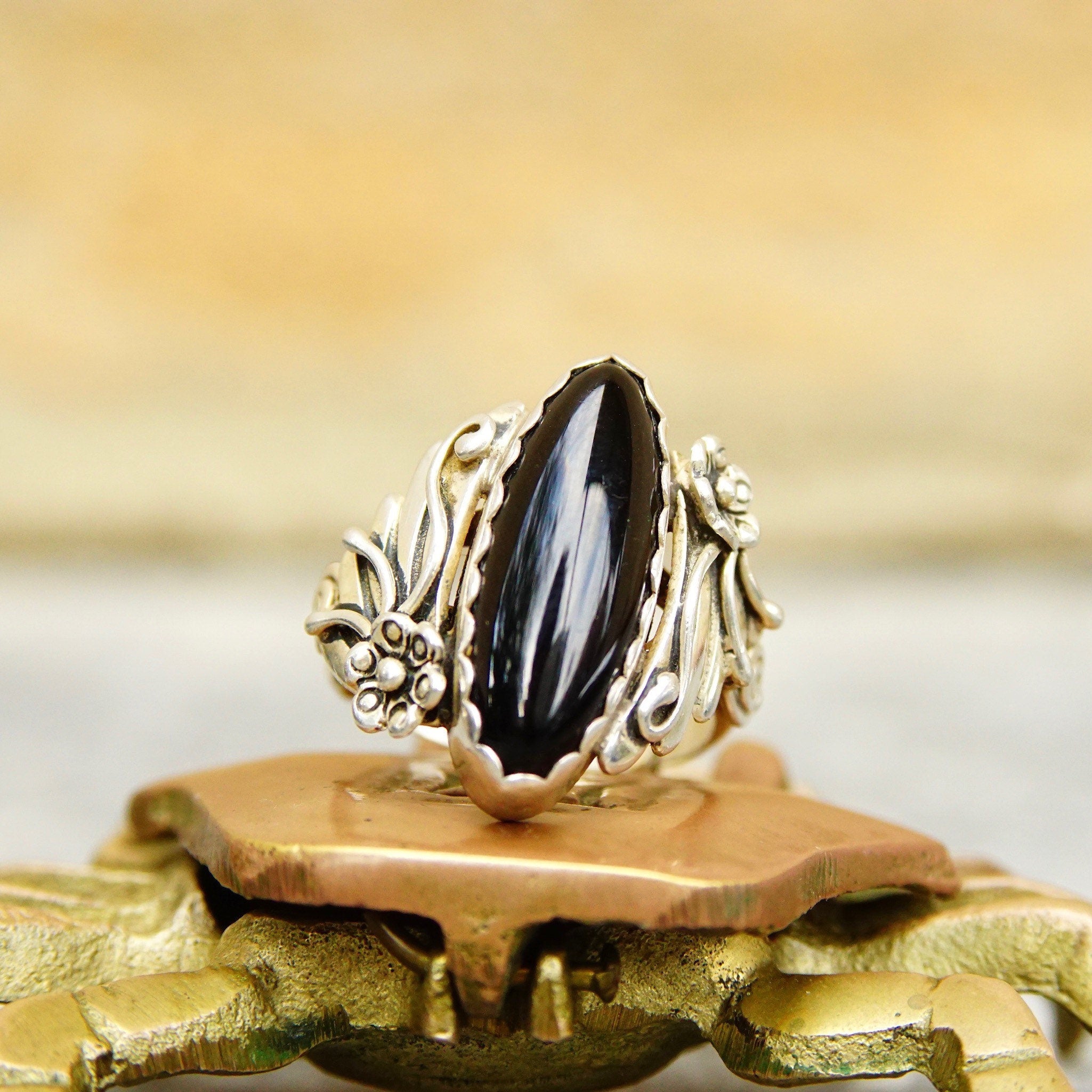 Vintage Hallmarked Navajo Sterling Silver Back Onyx Ring, RMJ Sterling, Floral Motifs, Ornate Silver Setting, Native American, Size 9 US