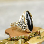 Vintage Hallmarked Navajo Sterling Silver Back Onyx Ring, RMJ Sterling, Floral Motifs, Ornate Silver Setting, Native American, Size 9 US