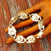 Vintage Symmetalic Sterling & 14K Pearl Floral Link Bracelet, Gold Plated Silver Bracelet, Flower Design, Cultured Pearls, 7 1/2 L