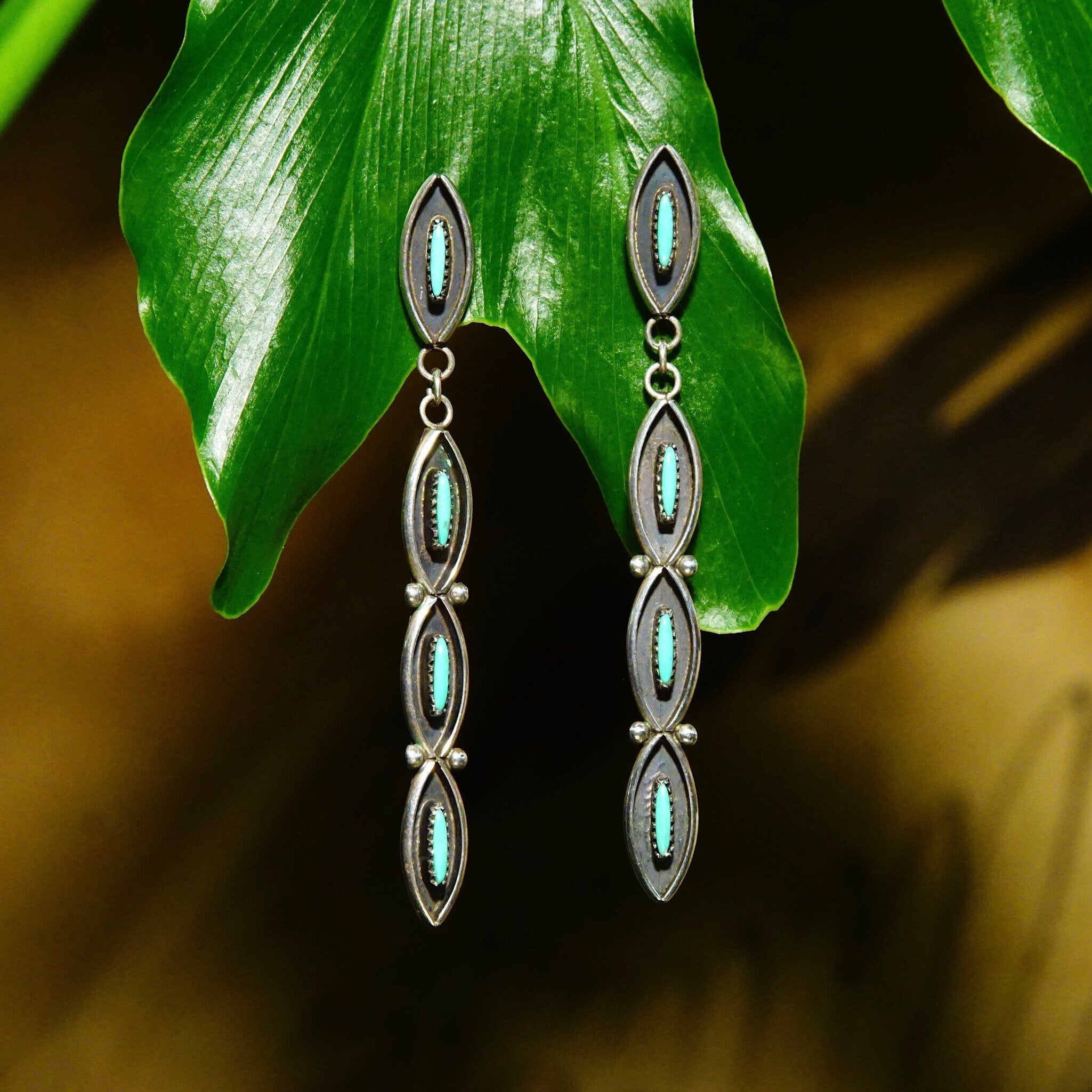 Vintage Signed Zuni Native American Needlepoint Turquoise & Sterling Silver Dangle Earrings, Handmade Indigenous Earrings, 2 5/8" Long
