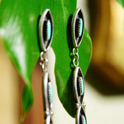 Vintage Signed Zuni Native American Needlepoint Turquoise & Sterling Silver Dangle Earrings, Handmade Indigenous Earrings, 2 5/8" Long