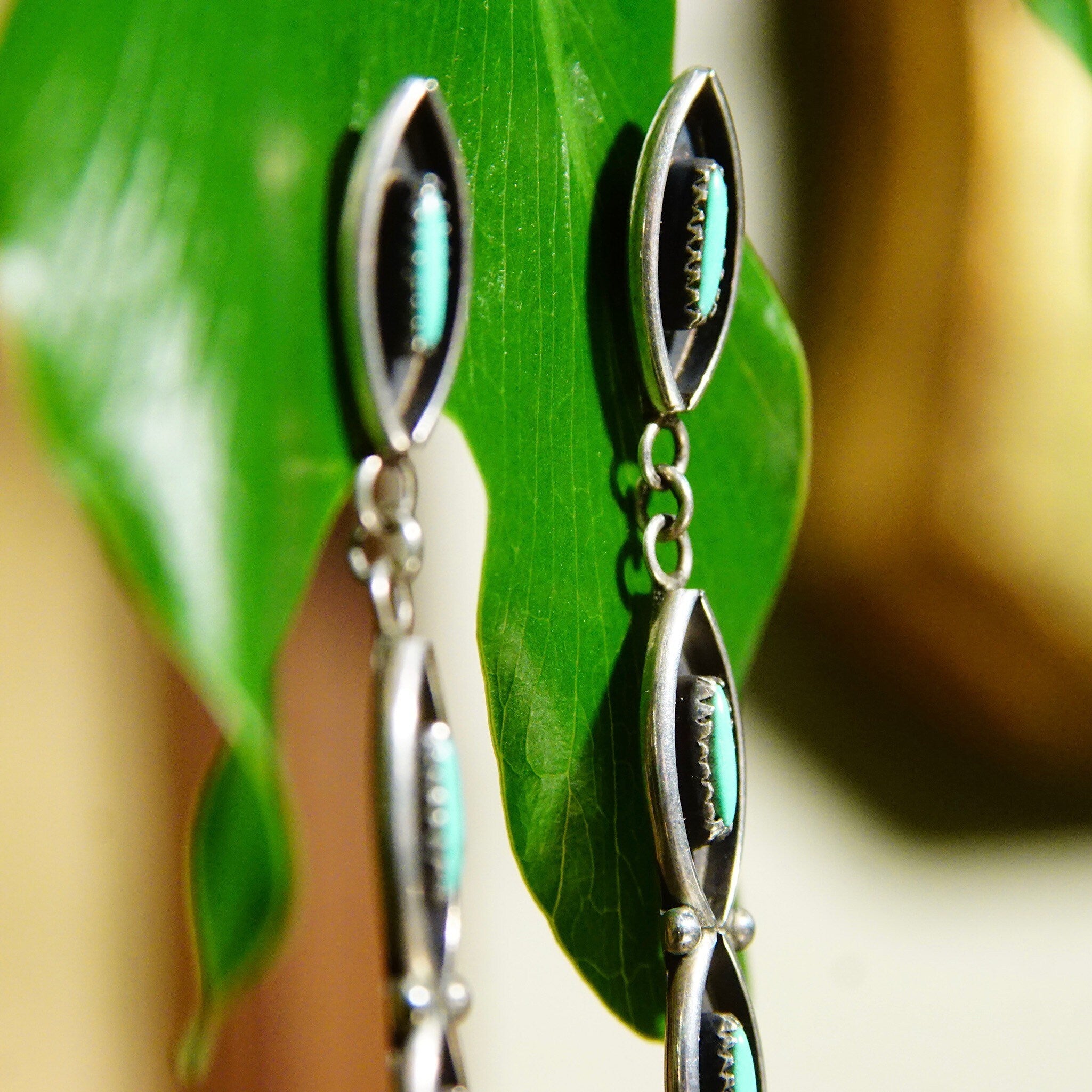 Vintage Signed Zuni Native American Needlepoint Turquoise & Sterling Silver Dangle Earrings, Handmade Indigenous Earrings, 2 5/8" Long