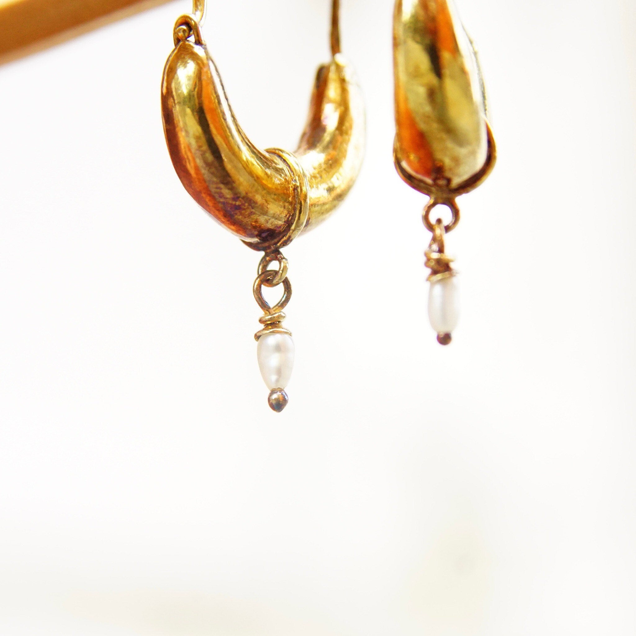 Vintage Gold Plated Sterling Silver Crescent Baroque Pearl Seed Huggie Hoops, Antique Gold Finish, Elongated Hoops With Pearl Tassel, 1 5/8