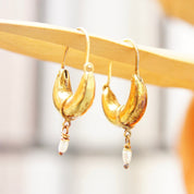 Vintage Gold Plated Sterling Silver Crescent Baroque Pearl Seed Huggie Hoops, Antique Gold Finish, Elongated Hoops With Pearl Tassel, 1 5/8