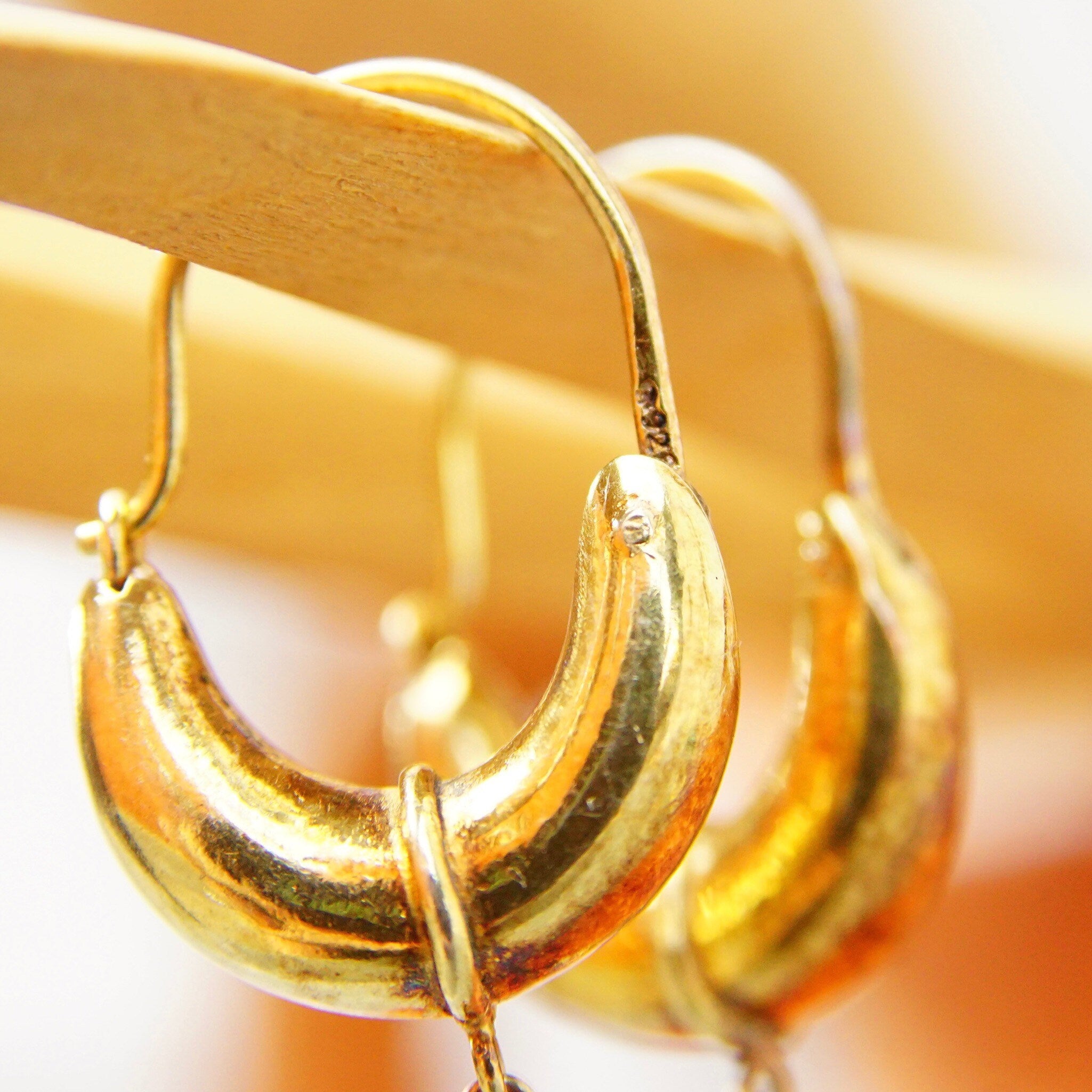 Vintage Gold Plated Sterling Silver Crescent Baroque Pearl Seed Huggie Hoops, Antique Gold Finish, Elongated Hoops With Pearl Tassel, 1 5/8
