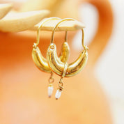 Vintage Gold Plated Sterling Silver Crescent Baroque Pearl Seed Huggie Hoops, Antique Gold Finish, Elongated Hoops With Pearl Tassel, 1 5/8