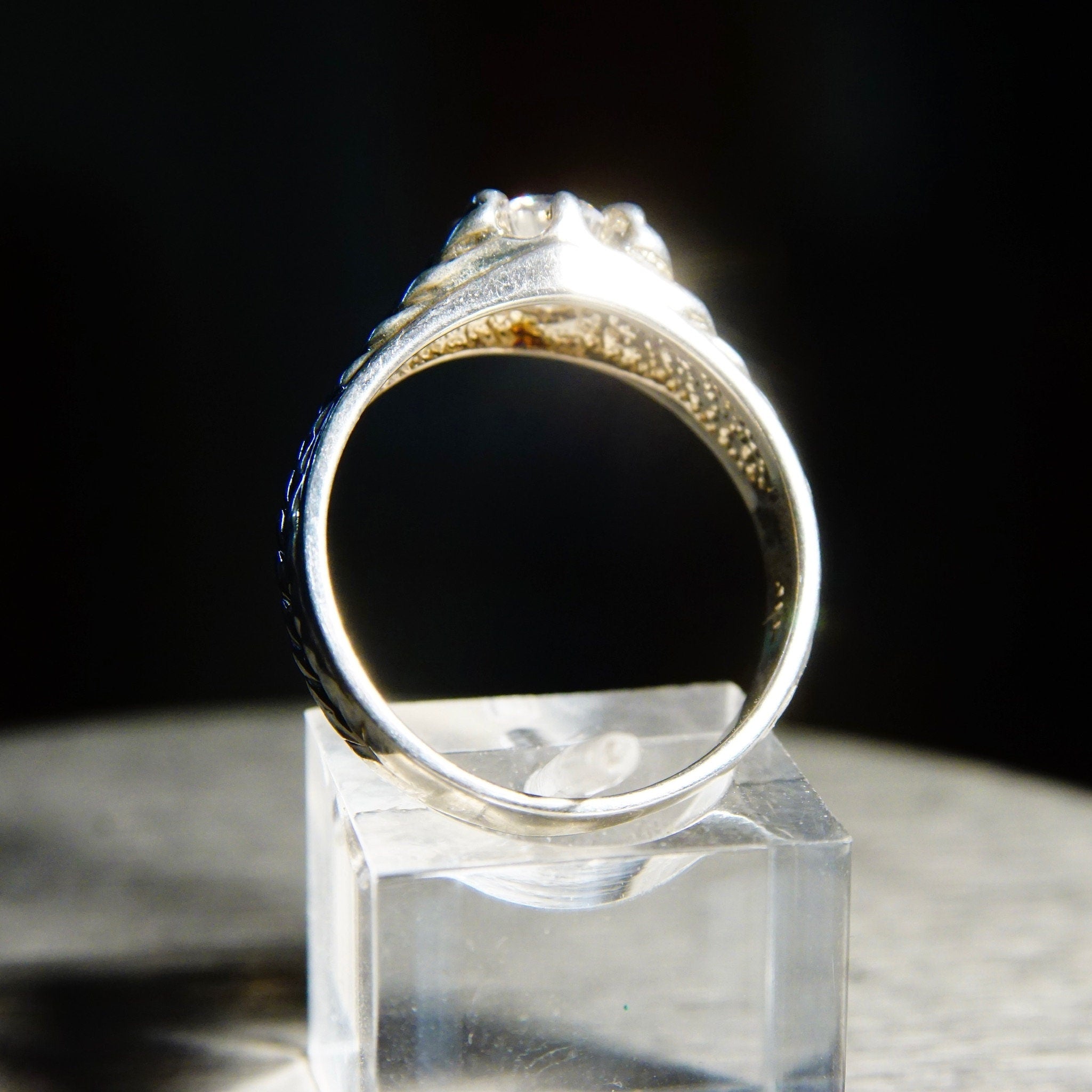 Vintage Braided Sterling Silver & Brilliant CZ Diamond Ring, .45CT Simulated Diamond Solitaire Ring, Textured Silver Band, Size 9 1/4 US