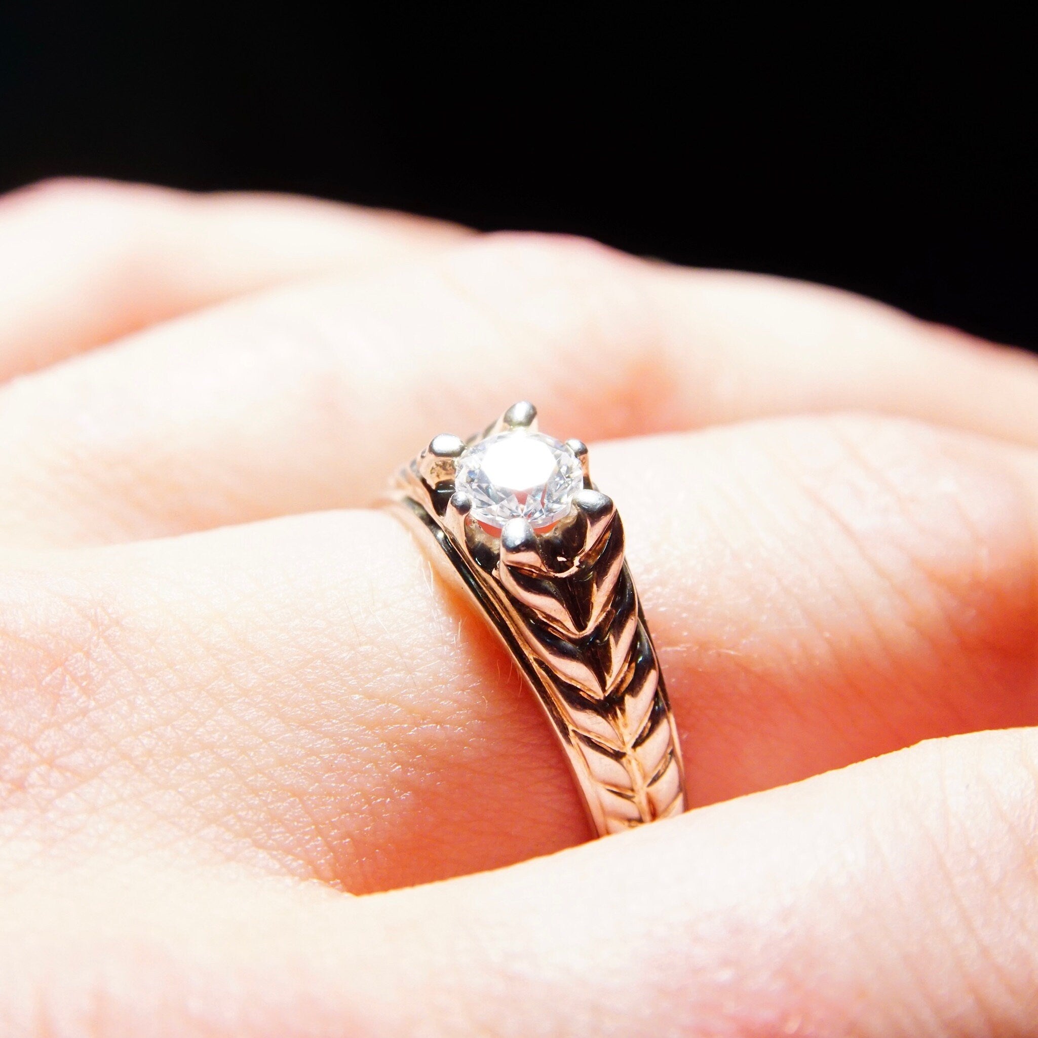 Vintage Braided Sterling Silver & Brilliant CZ Diamond Ring, .45CT Simulated Diamond Solitaire Ring, Textured Silver Band, Size 9 1/4 US