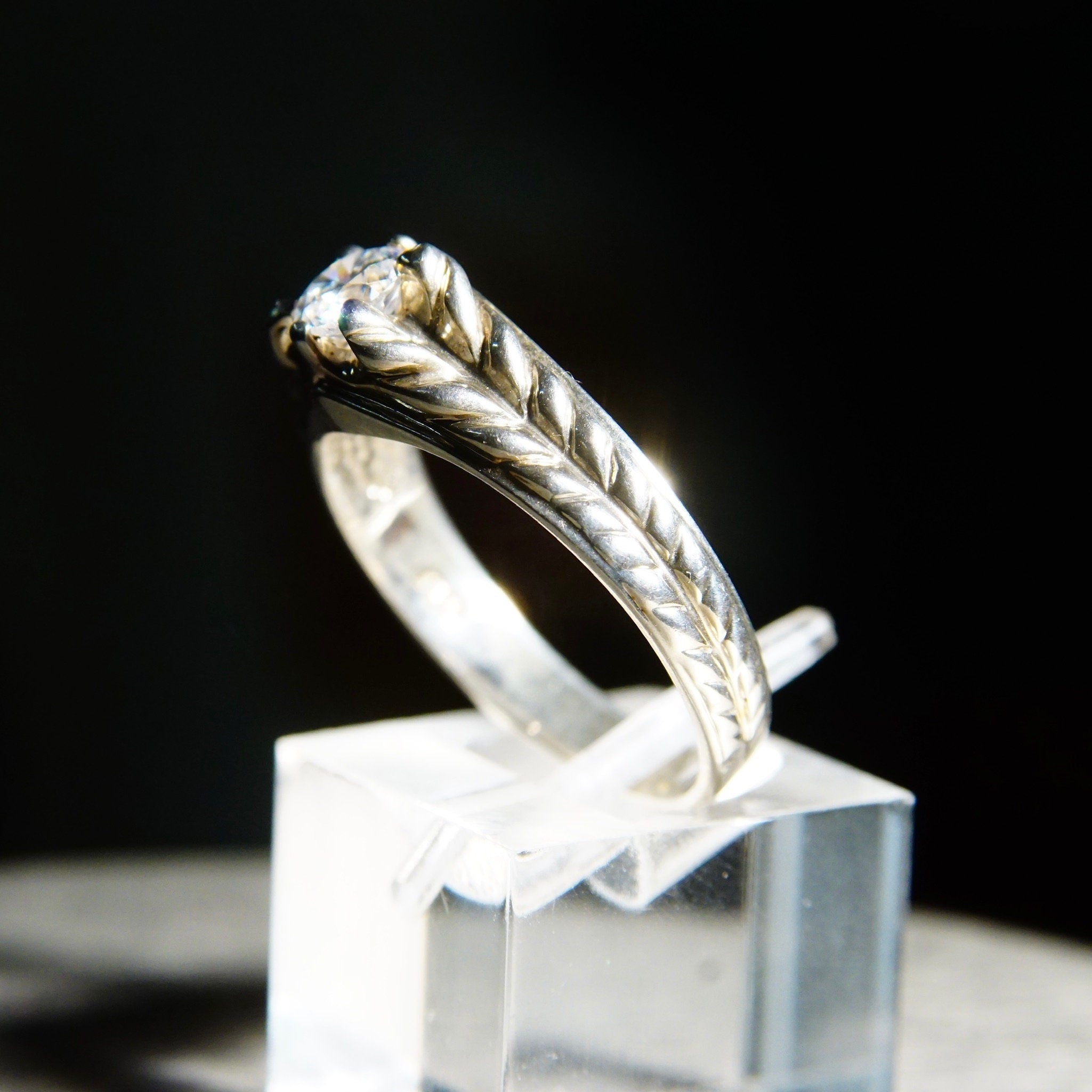 Vintage Braided Sterling Silver & Brilliant CZ Diamond Ring, .45CT Simulated Diamond Solitaire Ring, Textured Silver Band, Size 9 1/4 US