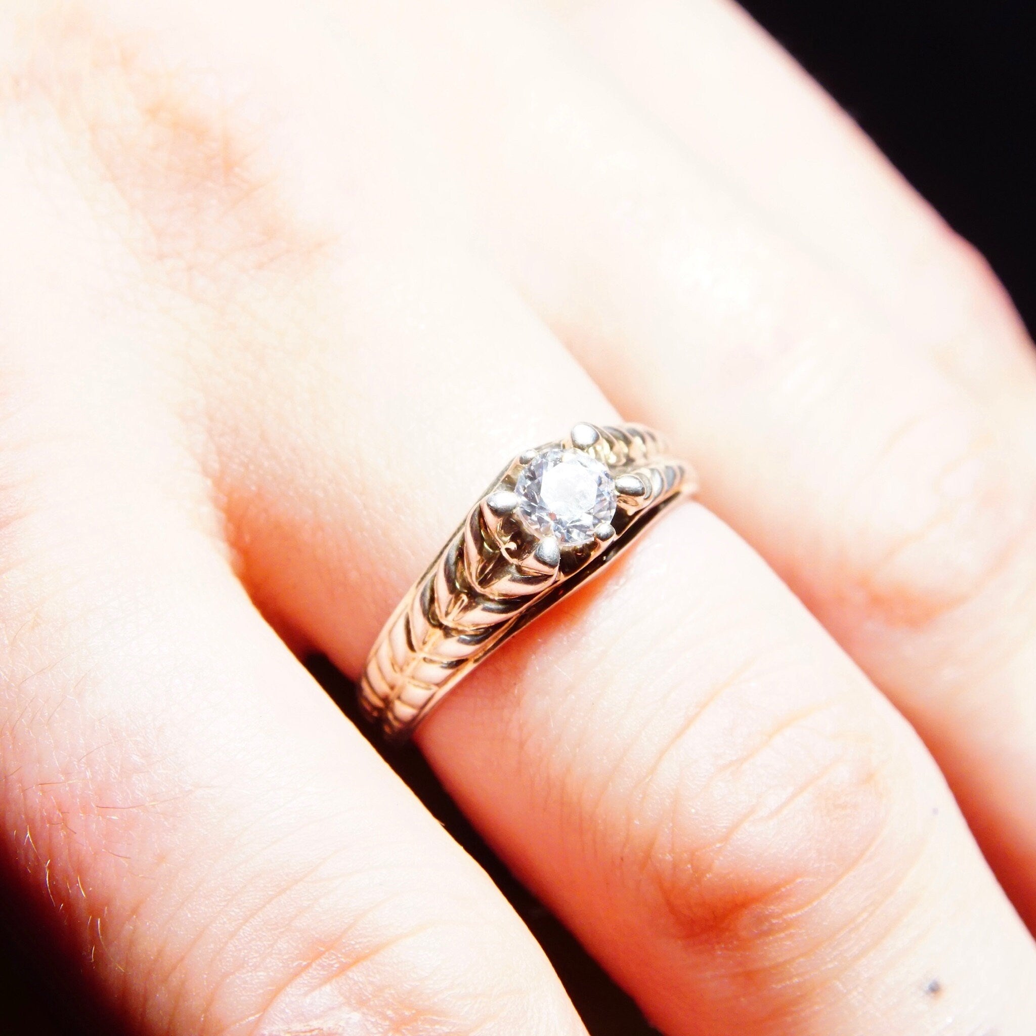 Vintage Braided Sterling Silver & Brilliant CZ Diamond Ring, .45CT Simulated Diamond Solitaire Ring, Textured Silver Band, Size 9 1/4 US