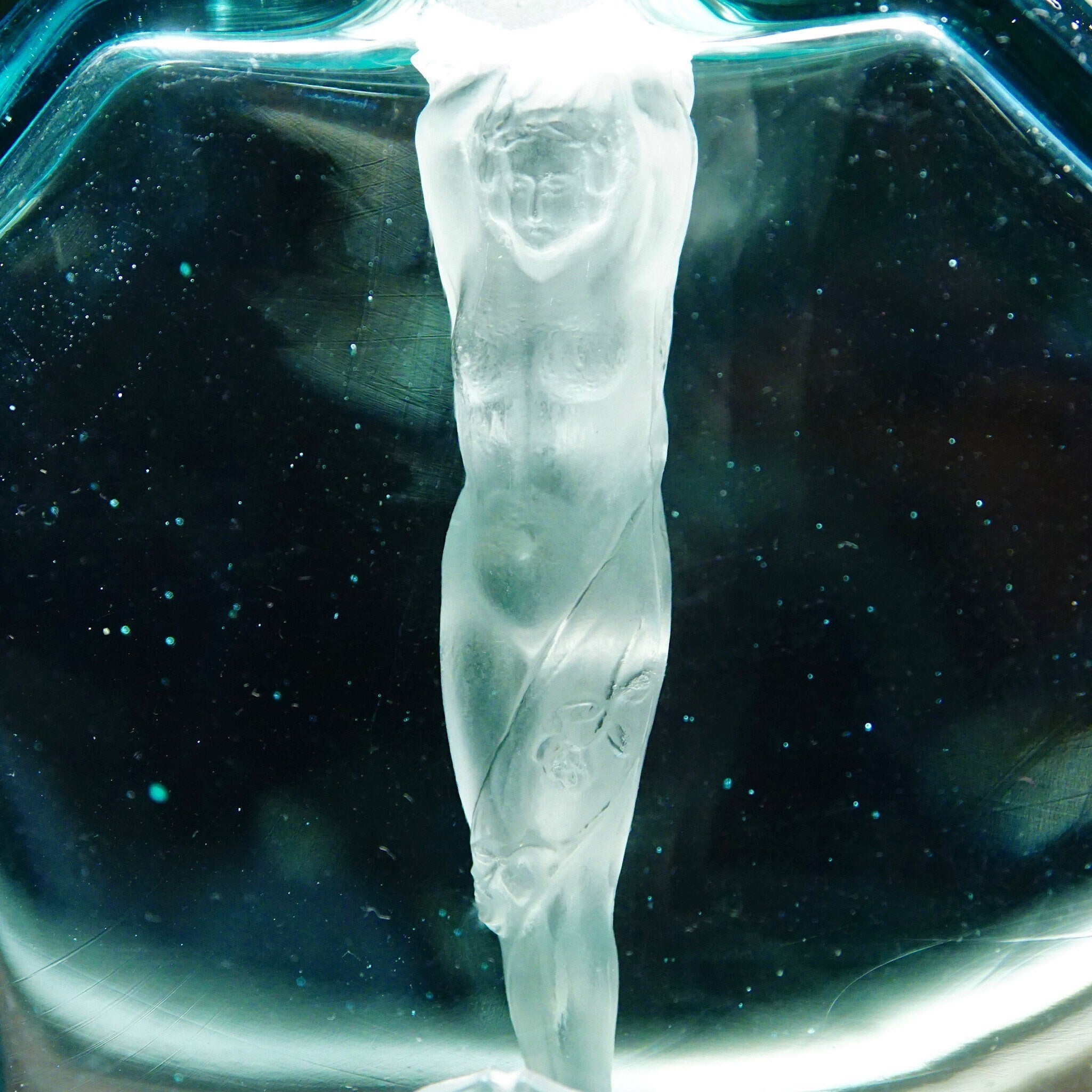 Antique Austrian 1920's 'Nude-Dauber' Blue Crystal Perfume Bottle, Frosted Glass Figural Dauber & Carved Glass Stopper, Pewter Mounts, 8" H