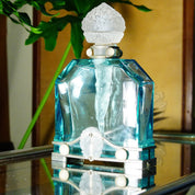 Antique Austrian 1920's 'Nude-Dauber' Blue Crystal Perfume Bottle, Frosted Glass Figural Dauber & Carved Glass Stopper, Pewter Mounts, 8" H