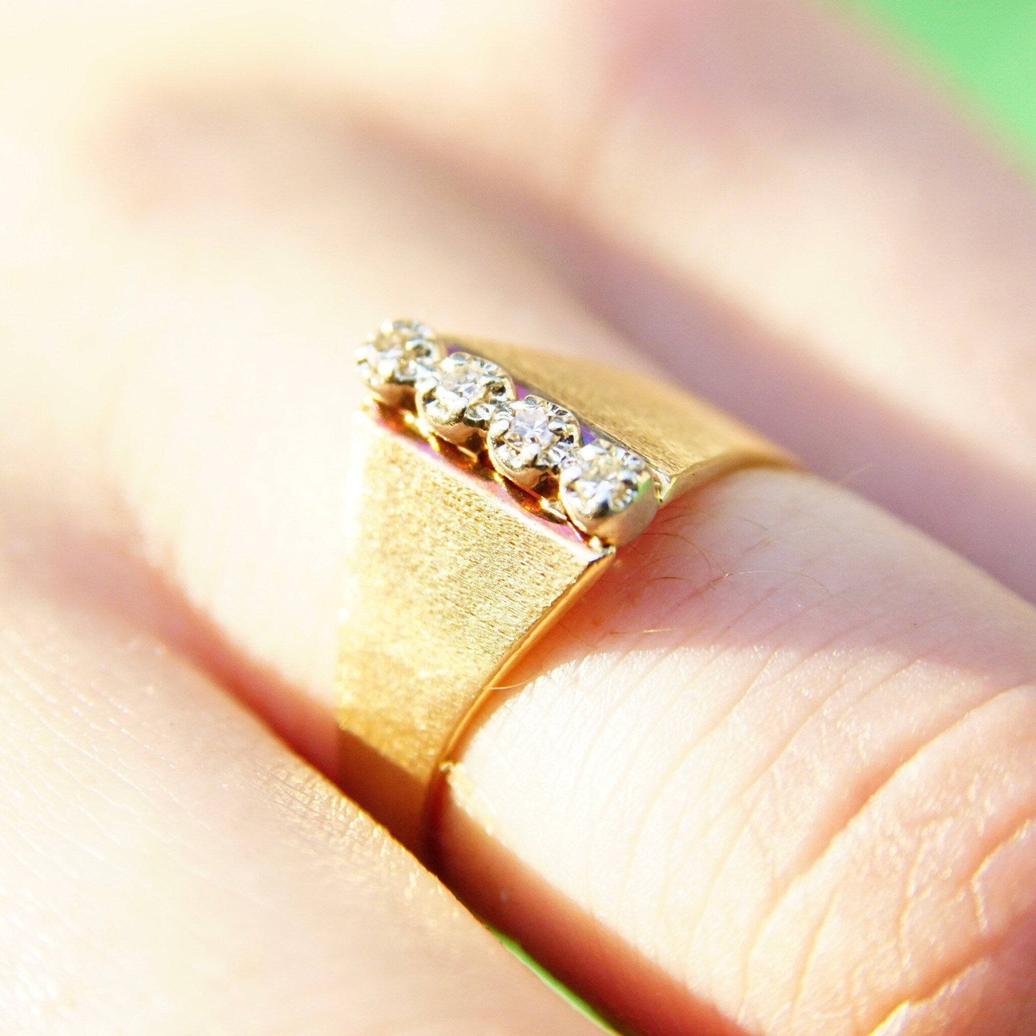 Vintage 14K Gold Diamond Ring, 4 Brilliant Diamonds In Single Row Setting, .06 TCW, Wide Tapered Gold Band, Size 6 3/4 US