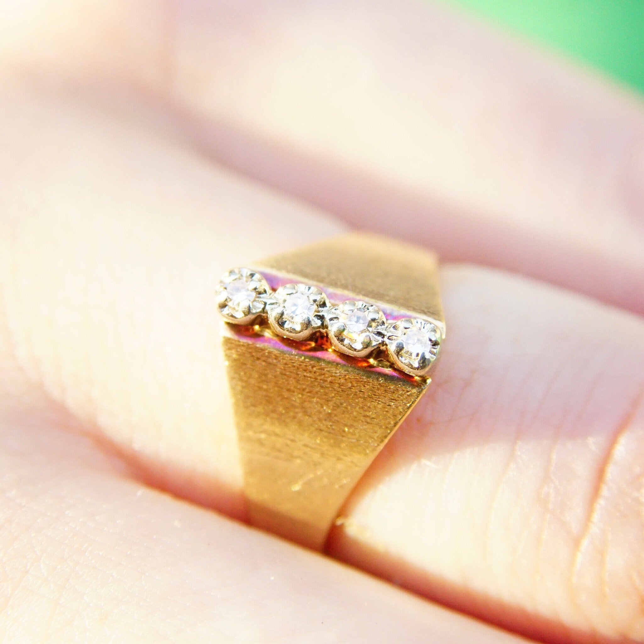 Vintage 14K Gold Diamond Ring, 4 Brilliant Diamonds In Single Row Setting, .06 TCW, Wide Tapered Gold Band, Size 6 3/4 US