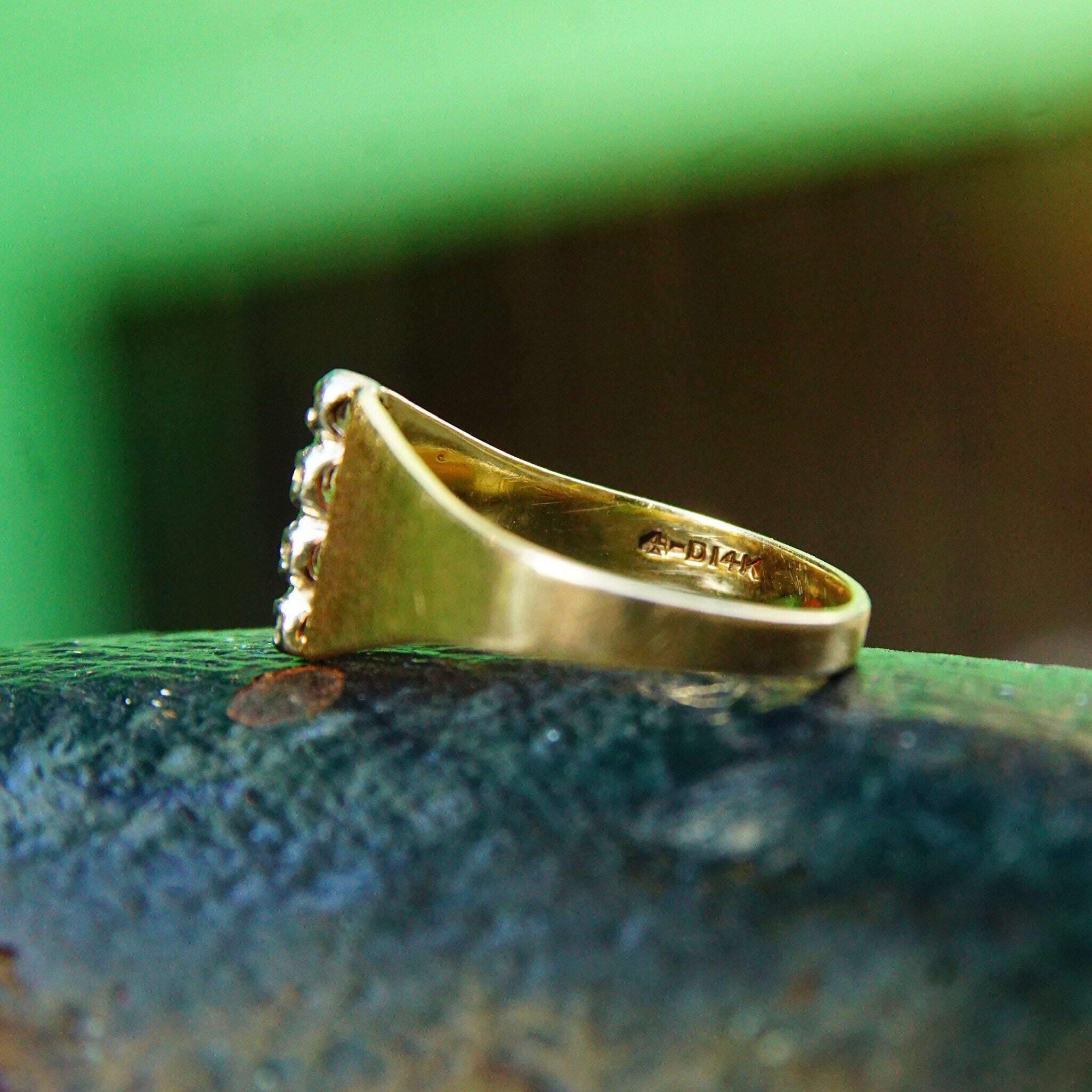 Vintage 14K Gold Diamond Ring, 4 Brilliant Diamonds In Single Row Setting, .06 TCW, Wide Tapered Gold Band, Size 6 3/4 US