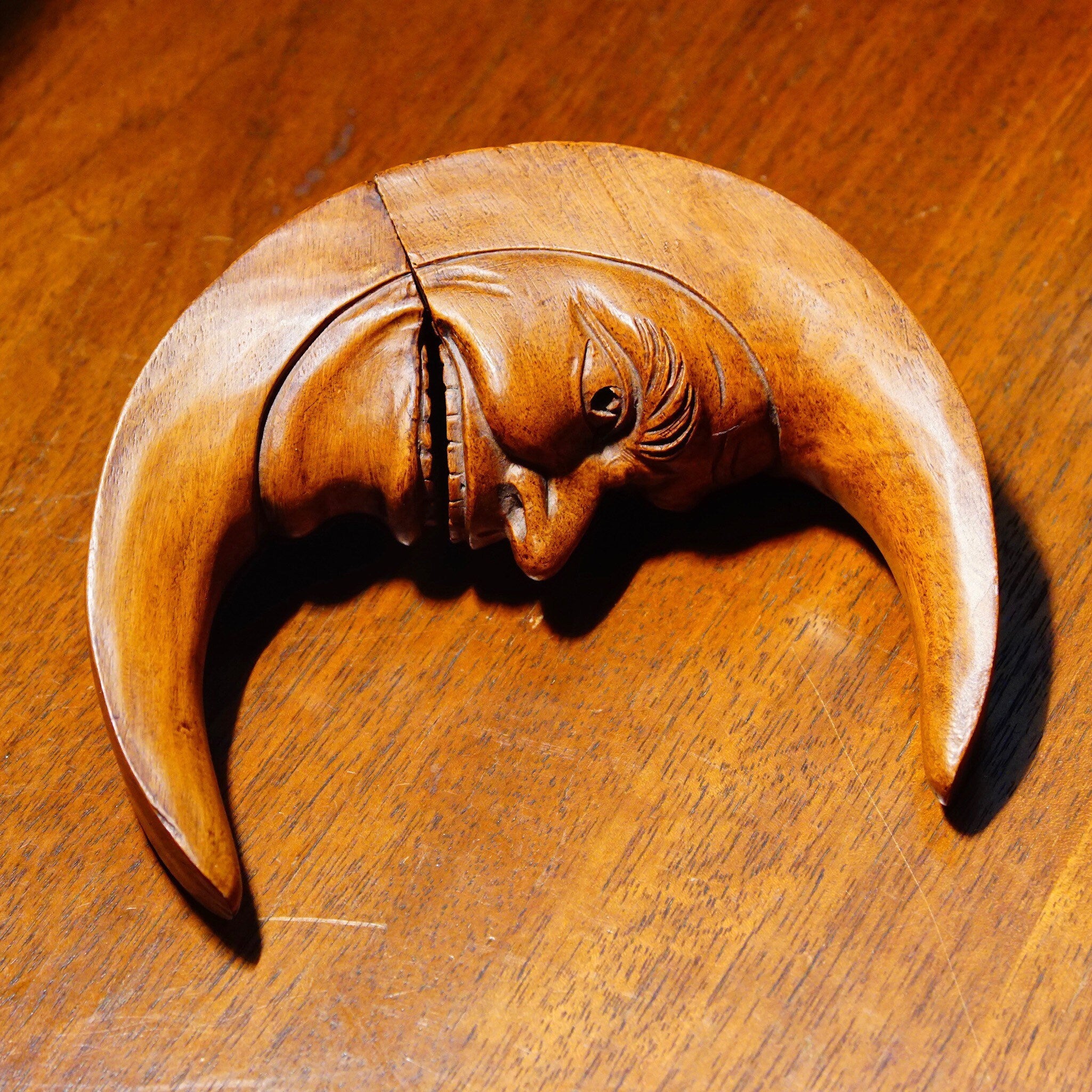 Vintage Wooden Crescent Moon Table Figure, Carved Wood Face On The Moon W/ Hinged Mouth, Eclectic Tchotchkes, Rare Oddities/Treasures, 5" H