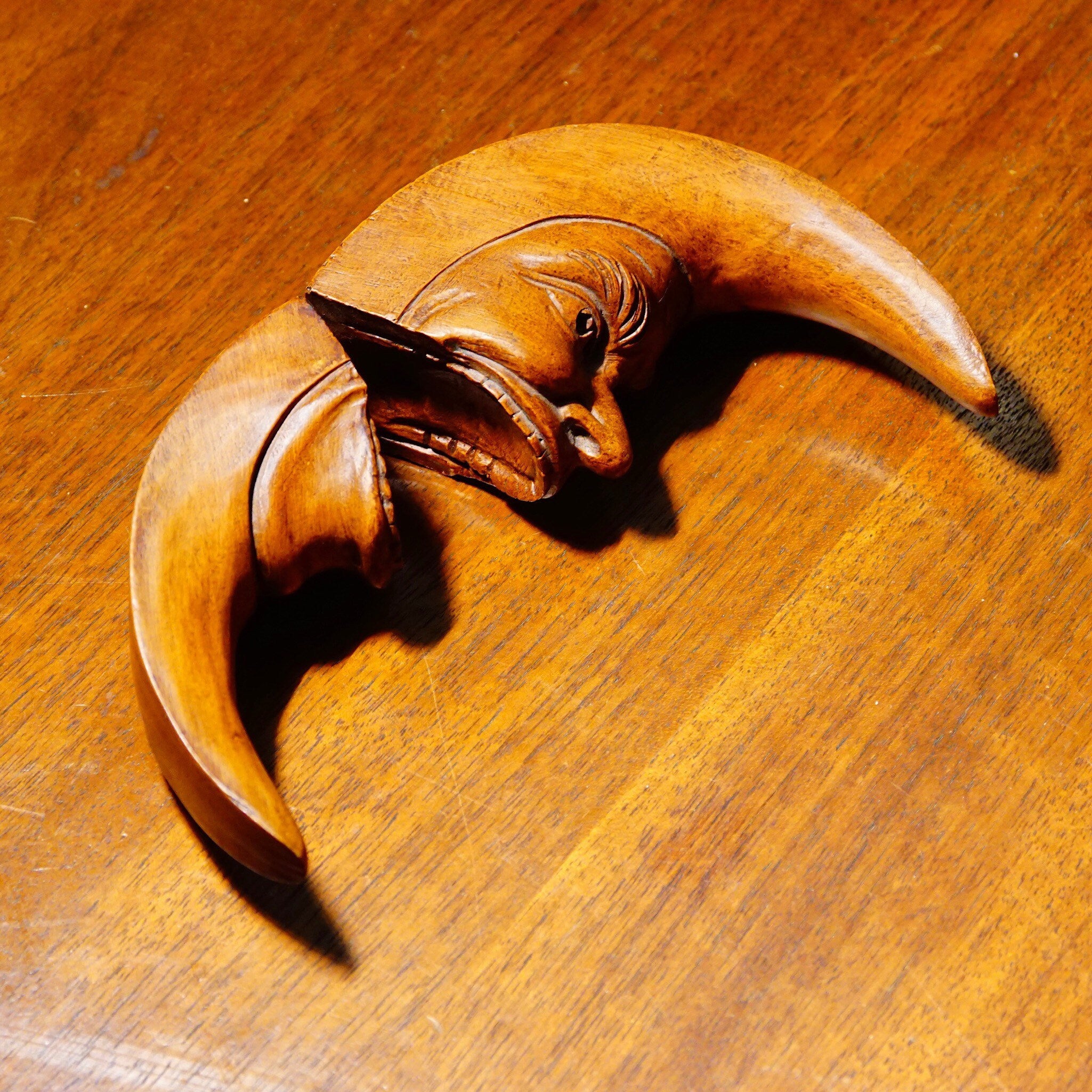 Vintage Wooden Crescent Moon Table Figure, Carved Wood Face On The Moon W/ Hinged Mouth, Eclectic Tchotchkes, Rare Oddities/Treasures, 5" H