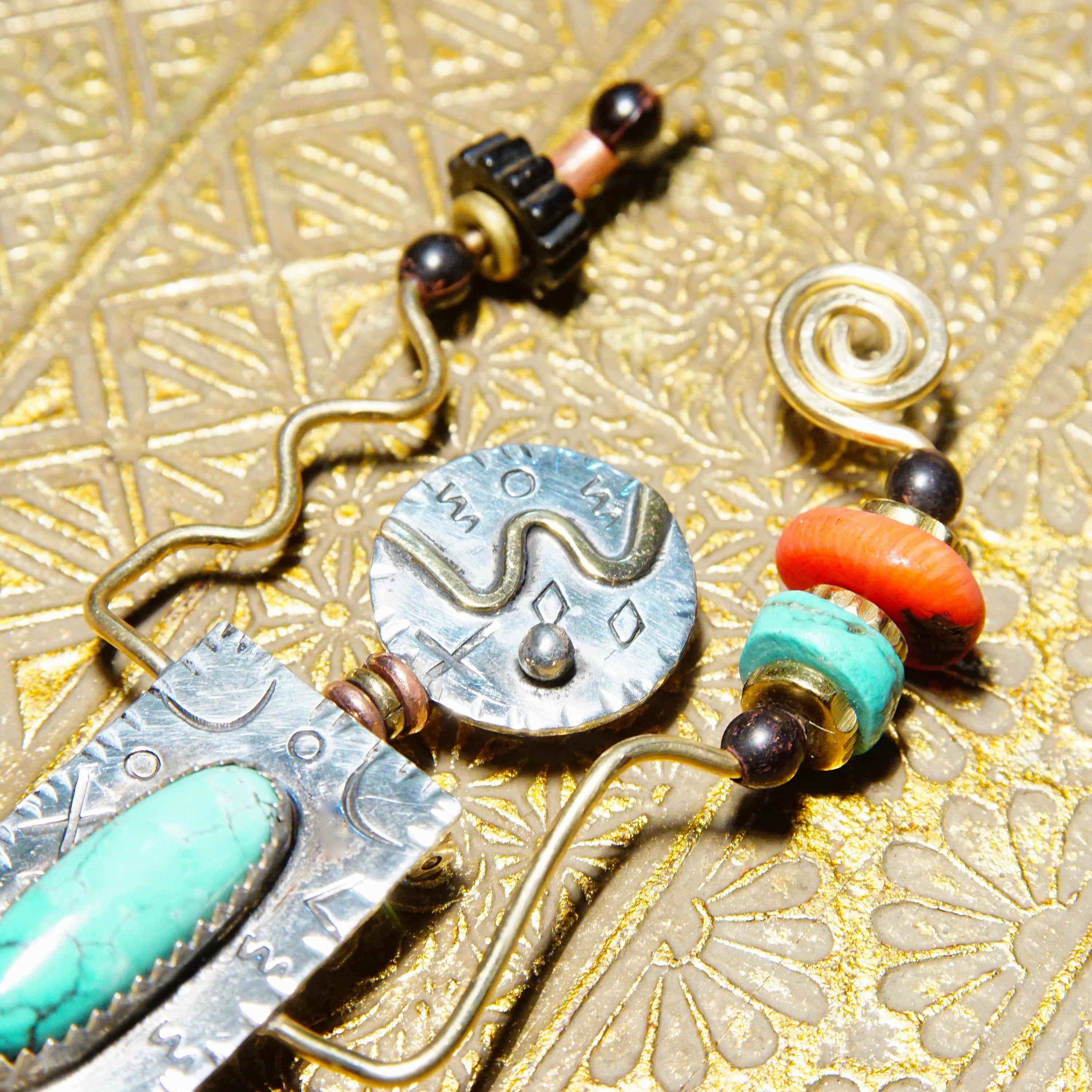 Vintage Abstract Mixed Metal Turquoise & Beaded Figure Brooch, Engraved Silver Symbols, Turquoise, Lapis Lazuli, Coral Gemstones, 4" L