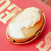 Victorian 14K Yellow Gold Cameo Brooch/Pendant, Beautiful Antique Cameo Pin, Classic Relief Carving, Gold Drop Setting, 1 5/8 L