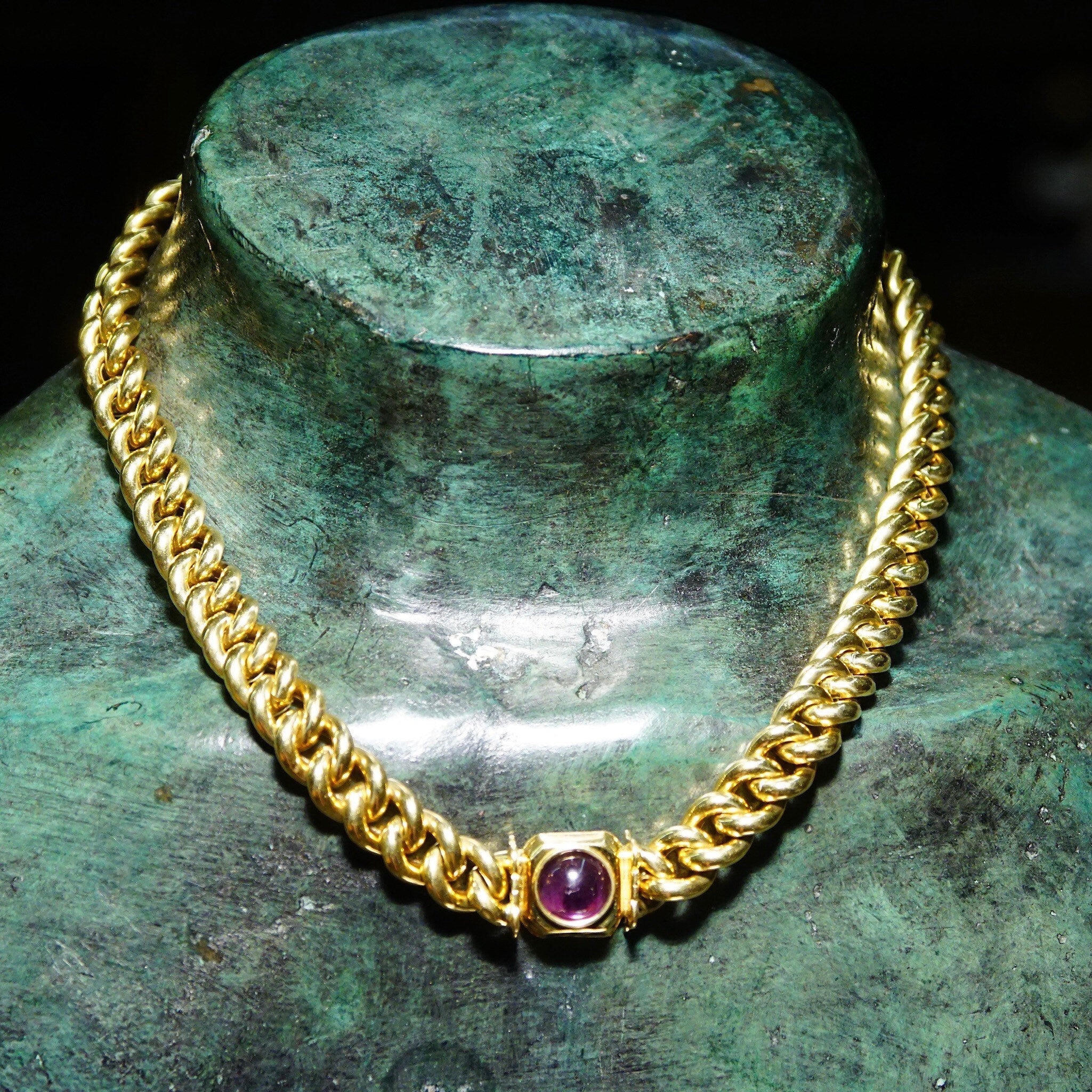 Vintage Italian 18K Gold Repousse Flower Cameo & Amethyst Cuban Link Chain Necklace, Chunky Yellow Gold Hollow Link Chain, 750 17" L