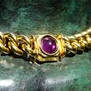 Vintage Italian 18K Gold Repousse Flower Cameo & Amethyst Cuban Link Chain Necklace, Chunky Yellow Gold Hollow Link Chain, 750 17" L