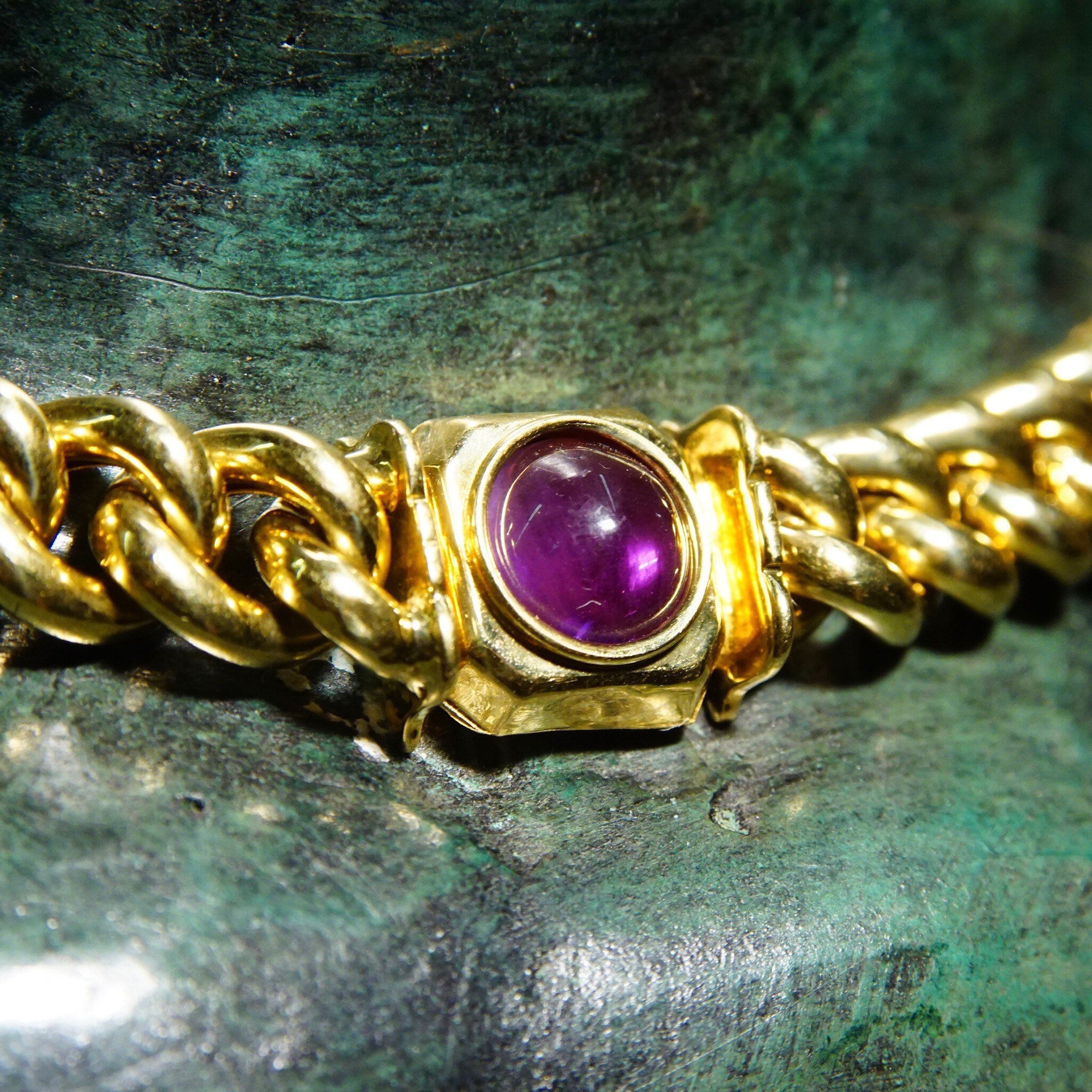 Vintage Italian 18K Gold Repousse Flower Cameo & Amethyst Cuban Link Chain Necklace, Chunky Yellow Gold Hollow Link Chain, 750 17" L